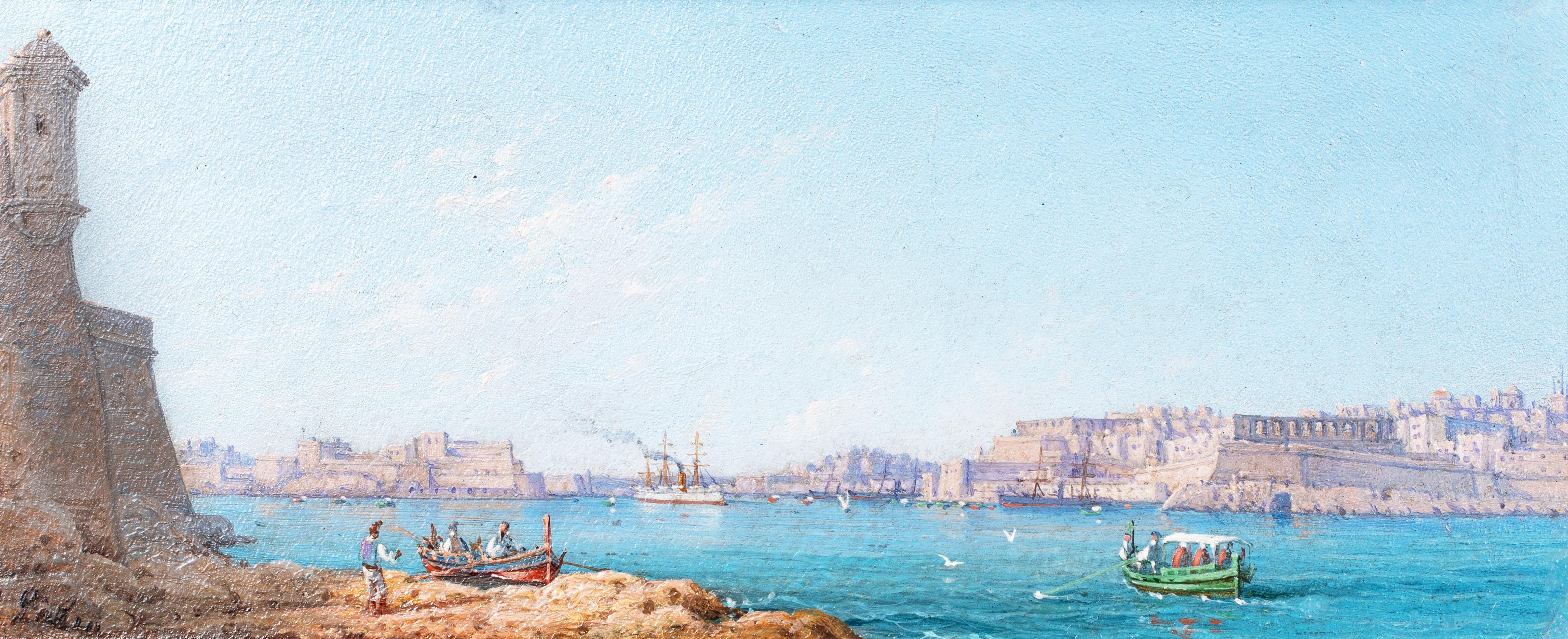 Il Porto Grande, La Valletta Malta di Luigi M. Gallea (1847-1917) - Landscape Painting Grigio di Unknown