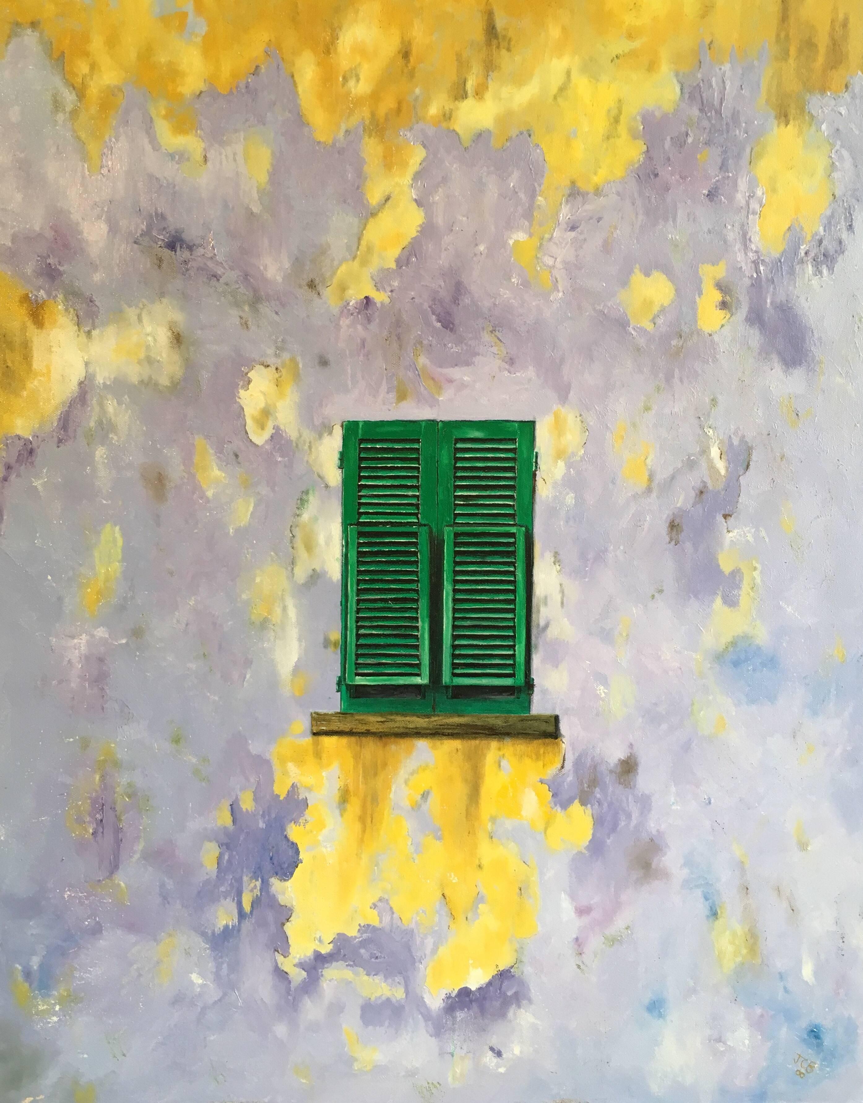 Unknown Interior Painting - The Green Window French Modernist Oil Painting Green Painted Shutters