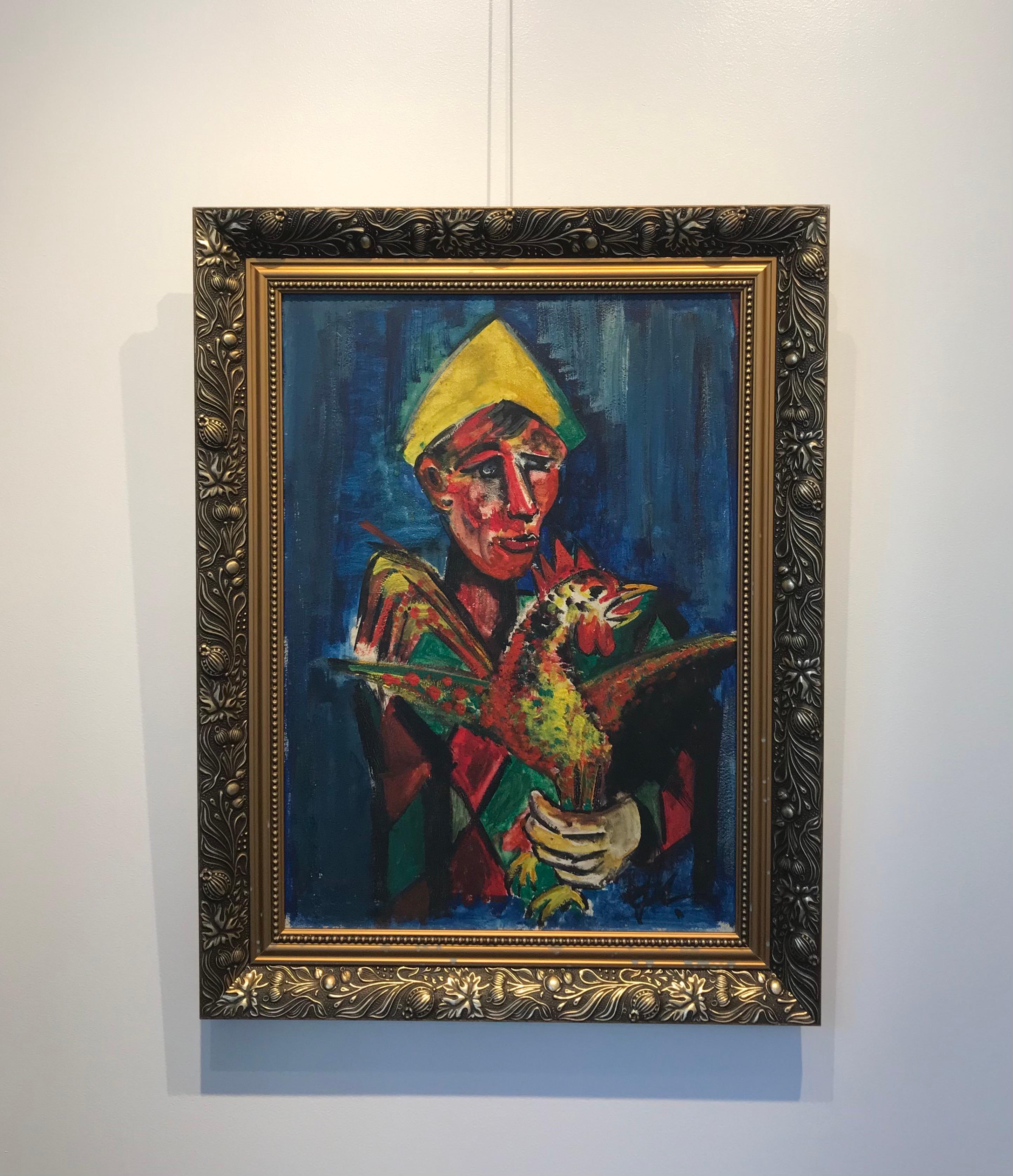 The harlequin and the rooster - Oil on wood 35x49 cm - Painting by Unknown