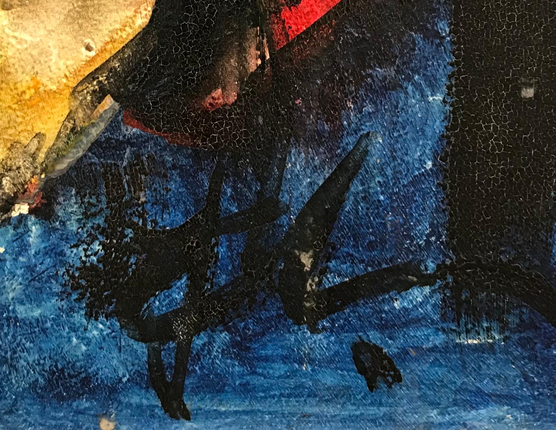 The harlequin and the rooster - Oil on wood 35x49 cm - Expressionist Painting by Unknown