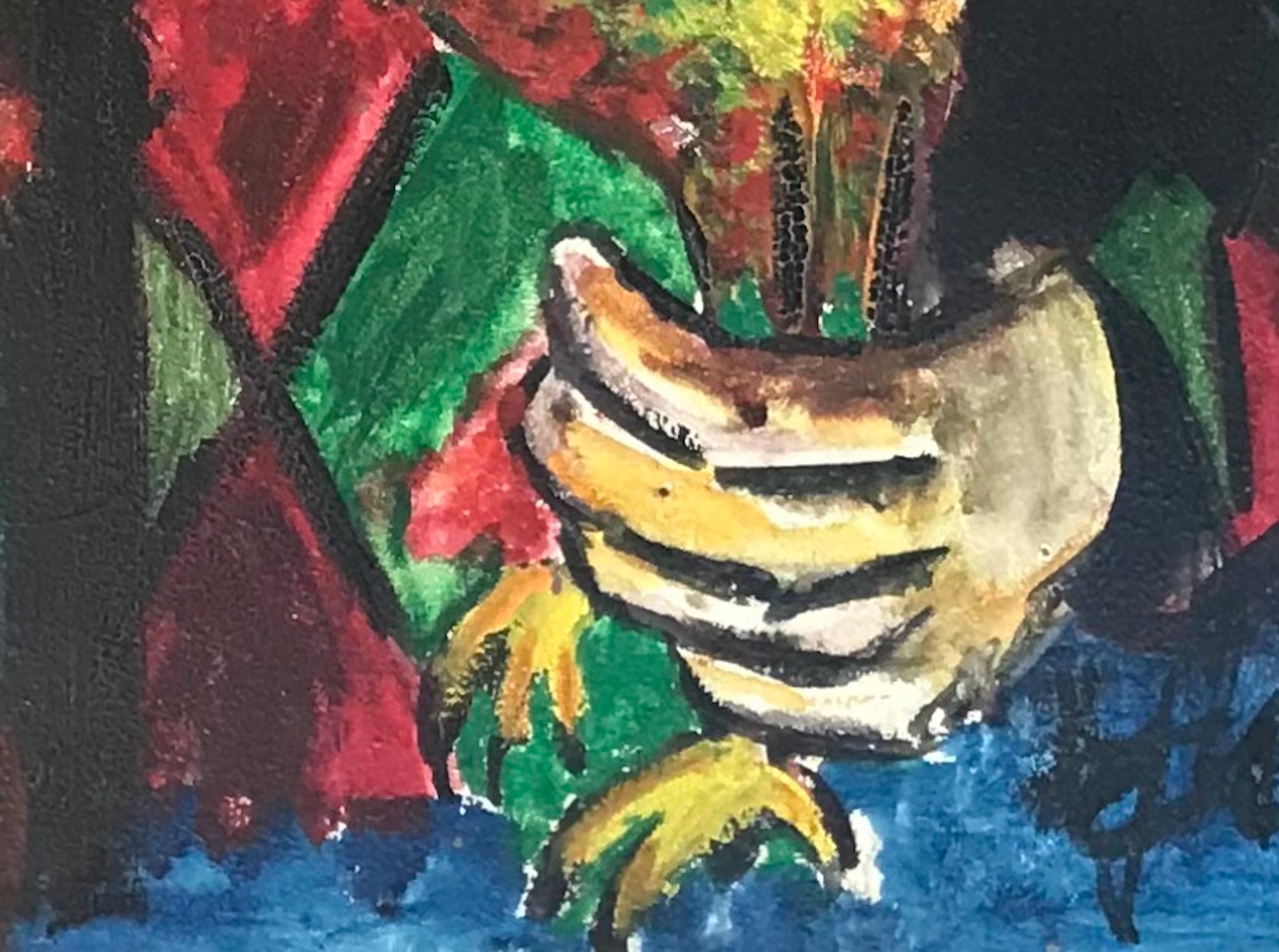 The harlequin and the rooster - Oil on wood 35x49 cm - Black Portrait Painting by Unknown