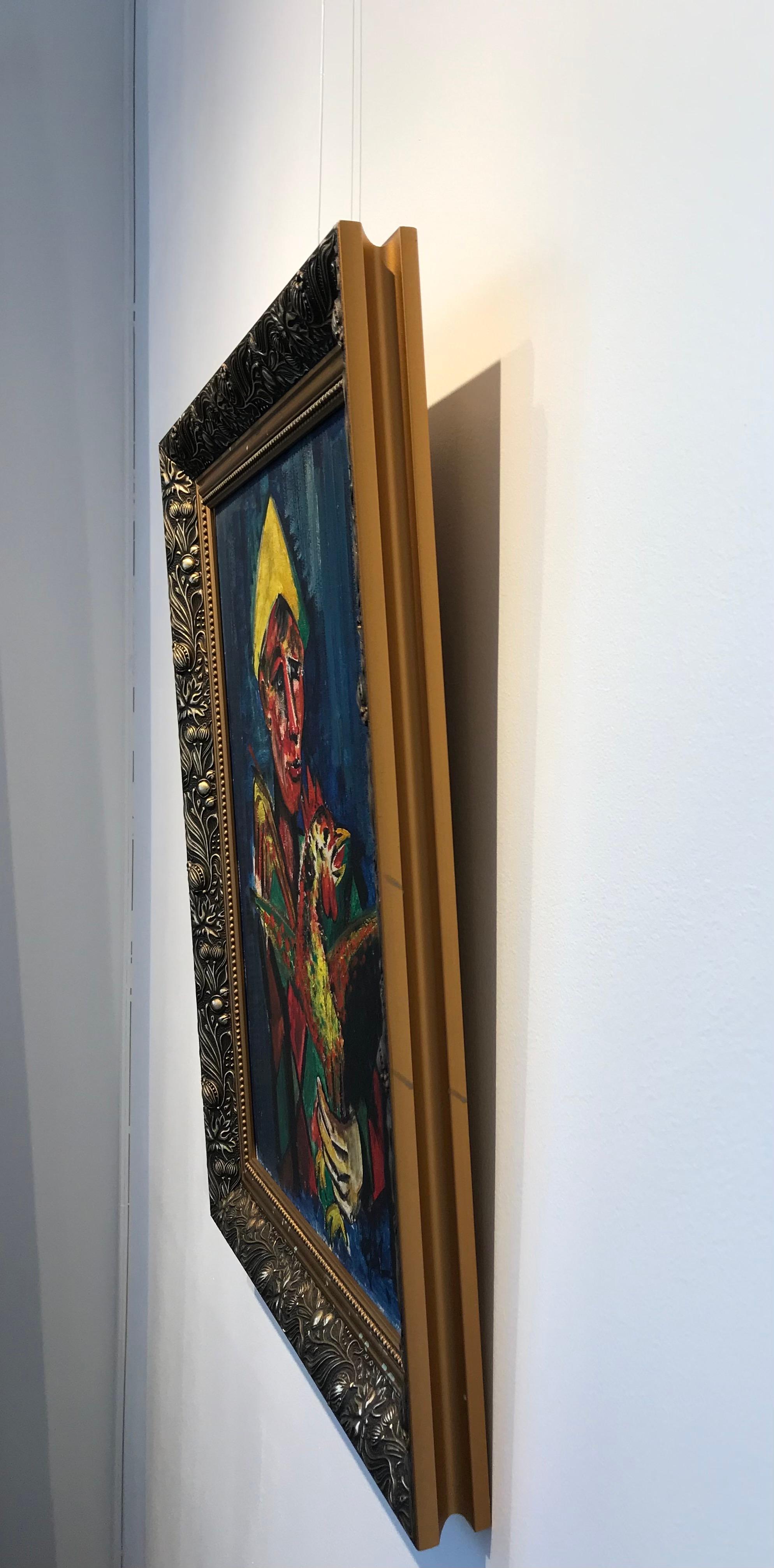 The harlequin and the rooster - Oil on wood 35x49 cm For Sale 1