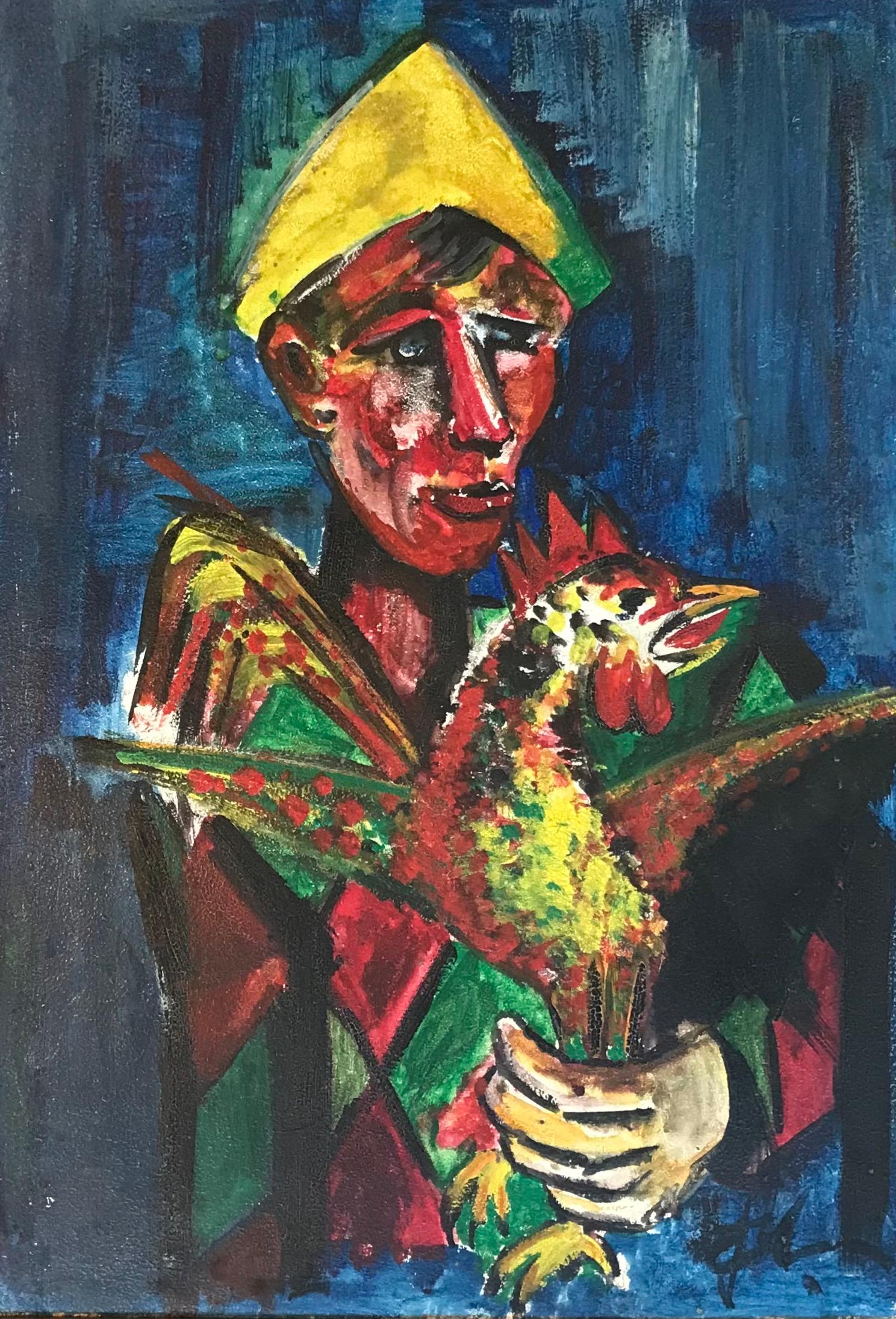 Unknown Portrait Painting - The harlequin and the rooster - Oil on wood 35x49 cm