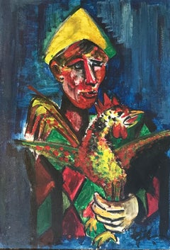 Le harlequin et le coq - Huile sur bois 35 x49 cm
