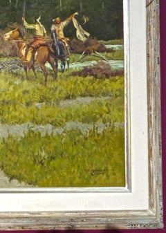 « The Hostile Takeover » (L'OPA hostile) – Peinture à l'huile sur toile représentant l'Ouest américain – Robert F. Morgan (1929-2015)