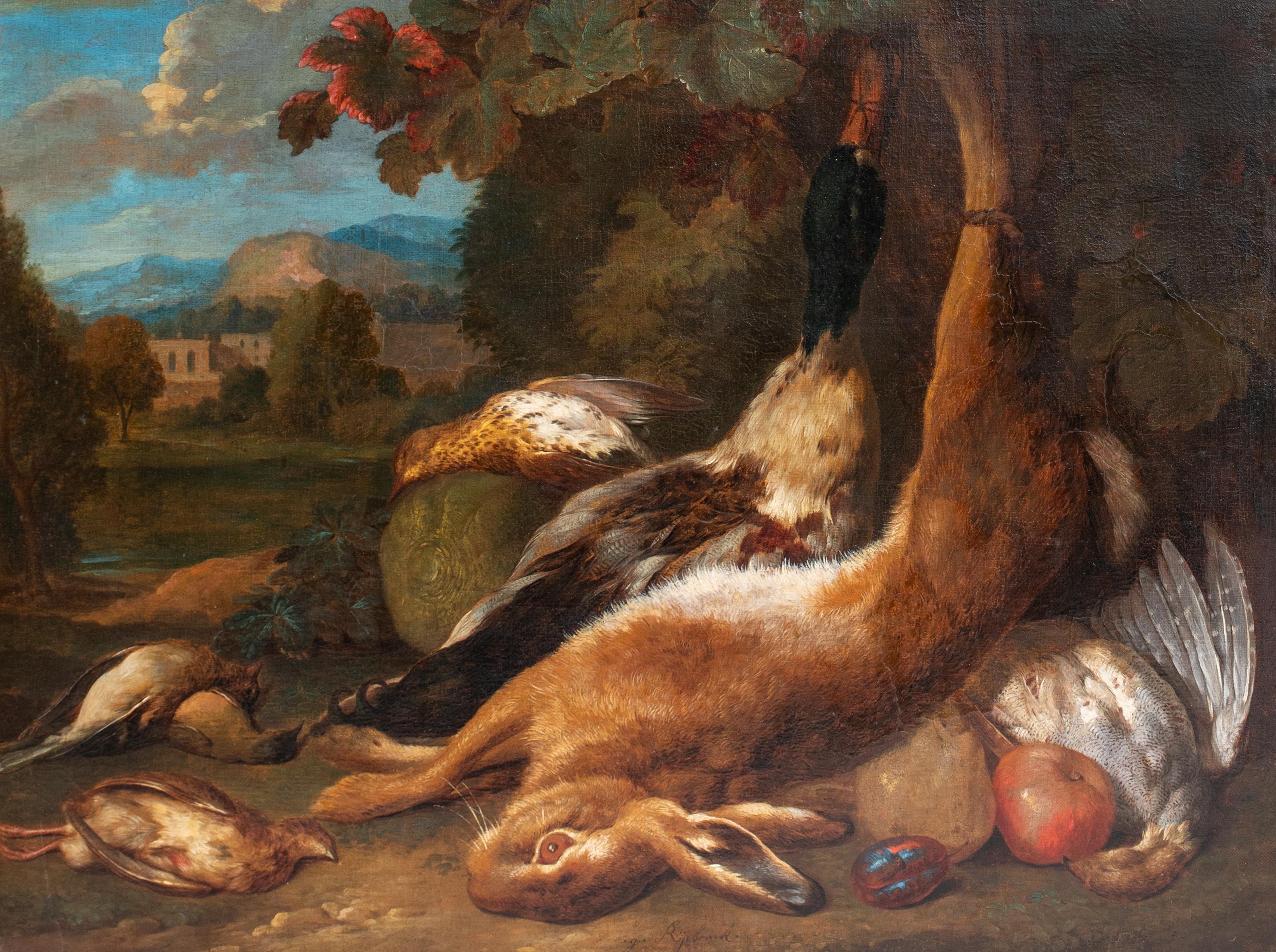 Il ritorno dei cacciatori, natura morta di selvaggina, 18° secolo 

di Gerard Rysbraeck (1696-1773)

Grande natura morta olandese del XVIII secolo con uccelli da caccia e una lepre, olio su tela di Gerard Rybraeck. Esempio di spicco dell'opera del