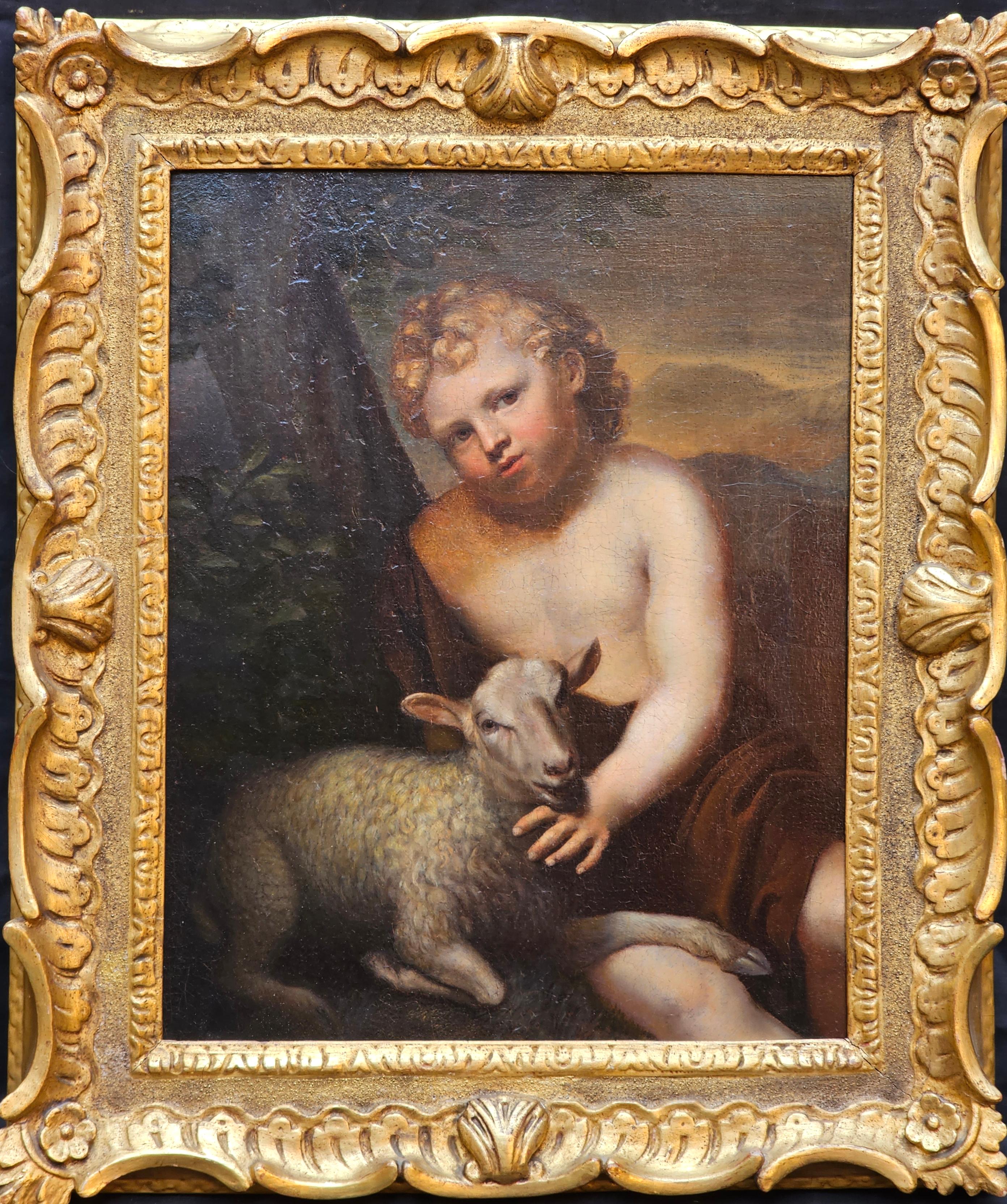 Unknown Portrait Painting - The Infant St John the Baptist with Lamb - Italian Old Master art oil painting 