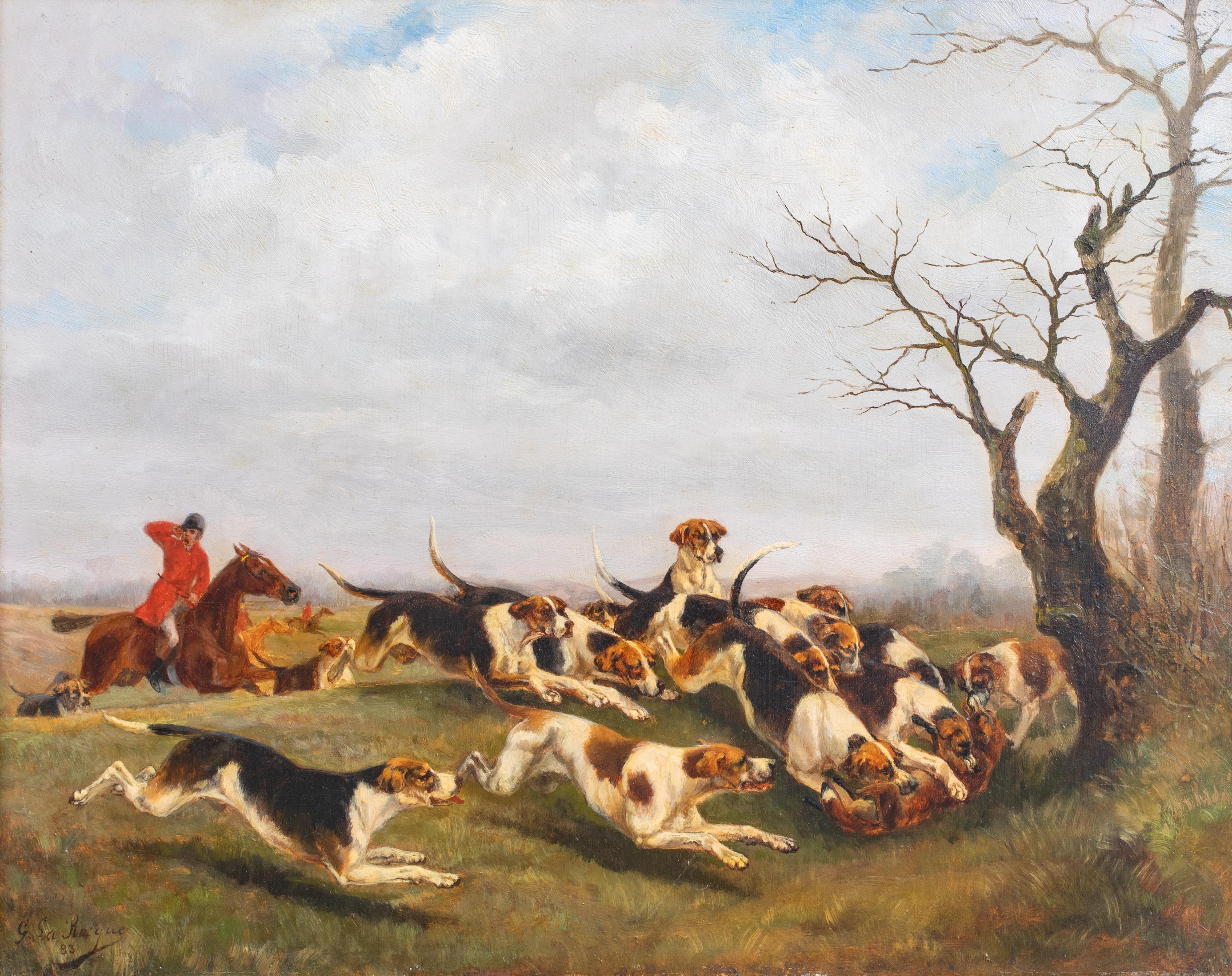The Kill, 19th Century - One of a matching pair we are offering

by Georges LAROCQUE (1839-1932) - sales to $6,000

19th century French hunting fox hunting scene of the the hounds going in for the kill, oil on panel by Georges Larocque. Excellent