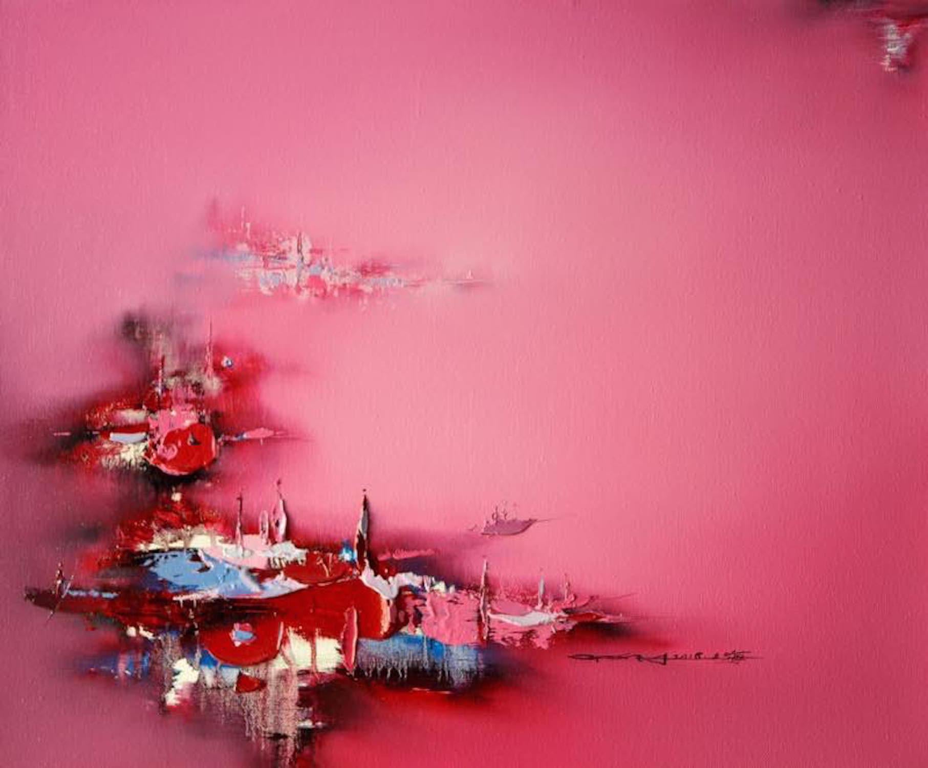 Landscape Painting di Unknown - "Il giorno delle lanterne", rosso rosato. serenità e pace