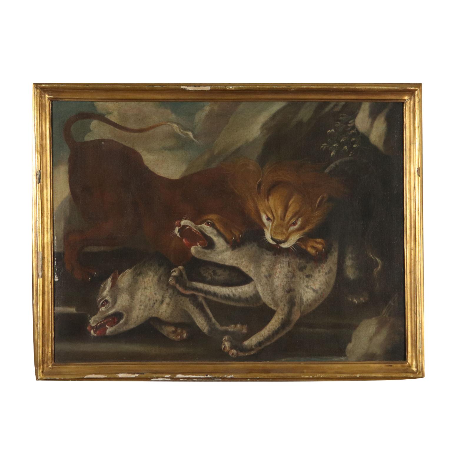 Unknown Landscape Painting - The Lion's Assault Oil on Canvas Painting 18th Century