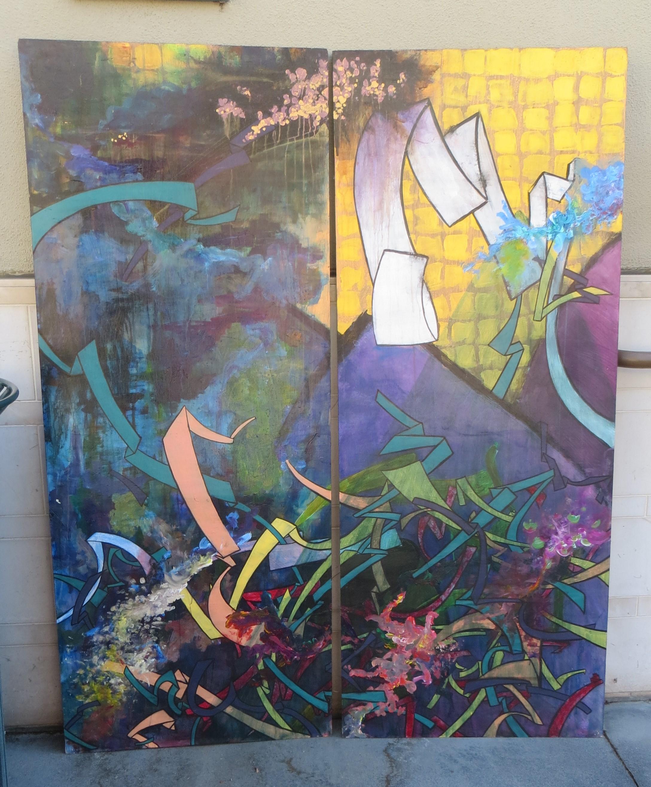 The Loss of Fauna Paintings, A Pair of Decorative Modern Art Panels, Signed - Gray Abstract Painting by Unknown