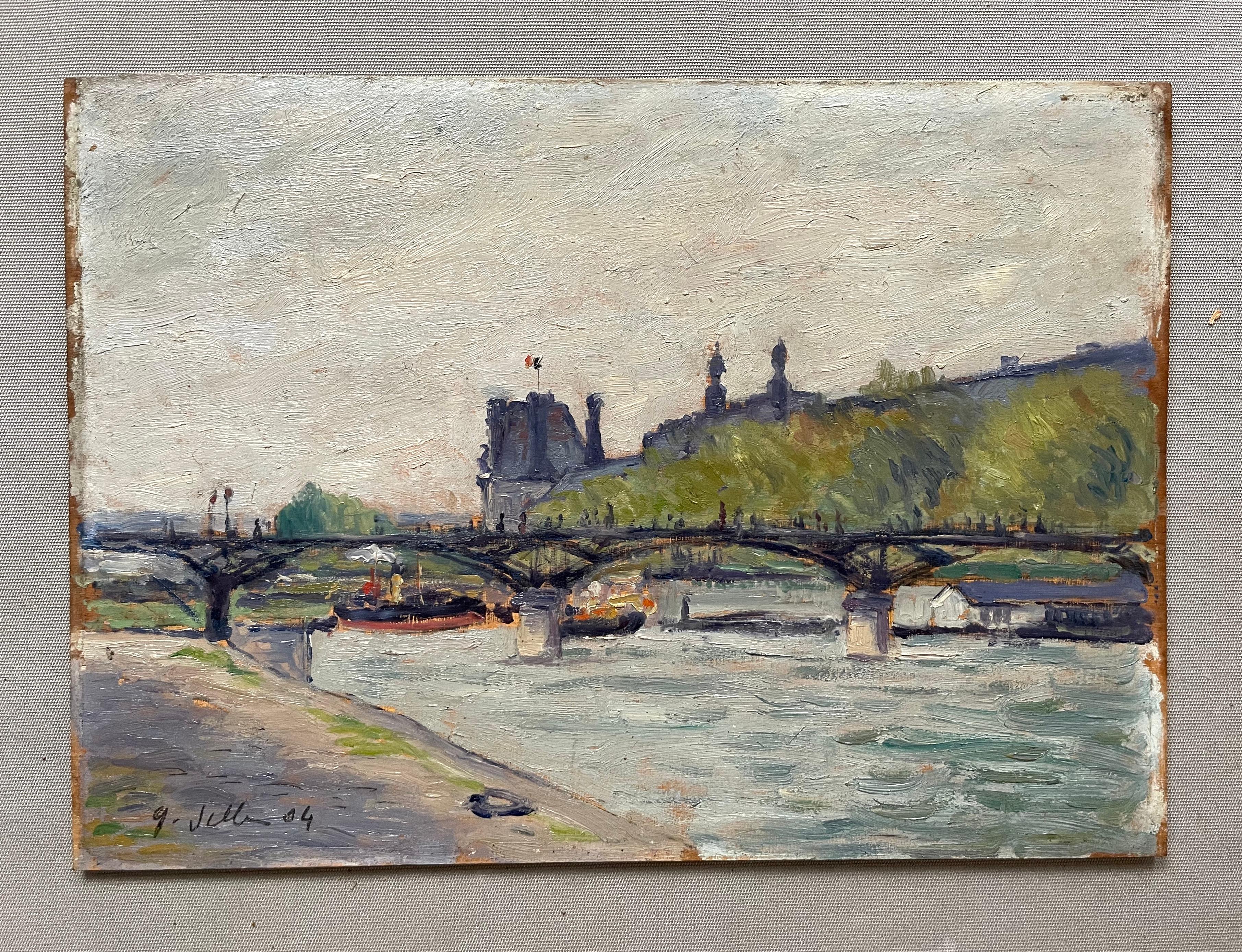 El Louvre y el Puente de las Artes, París, óleo sobre tabla fechado en 1904 - Painting de Unknown