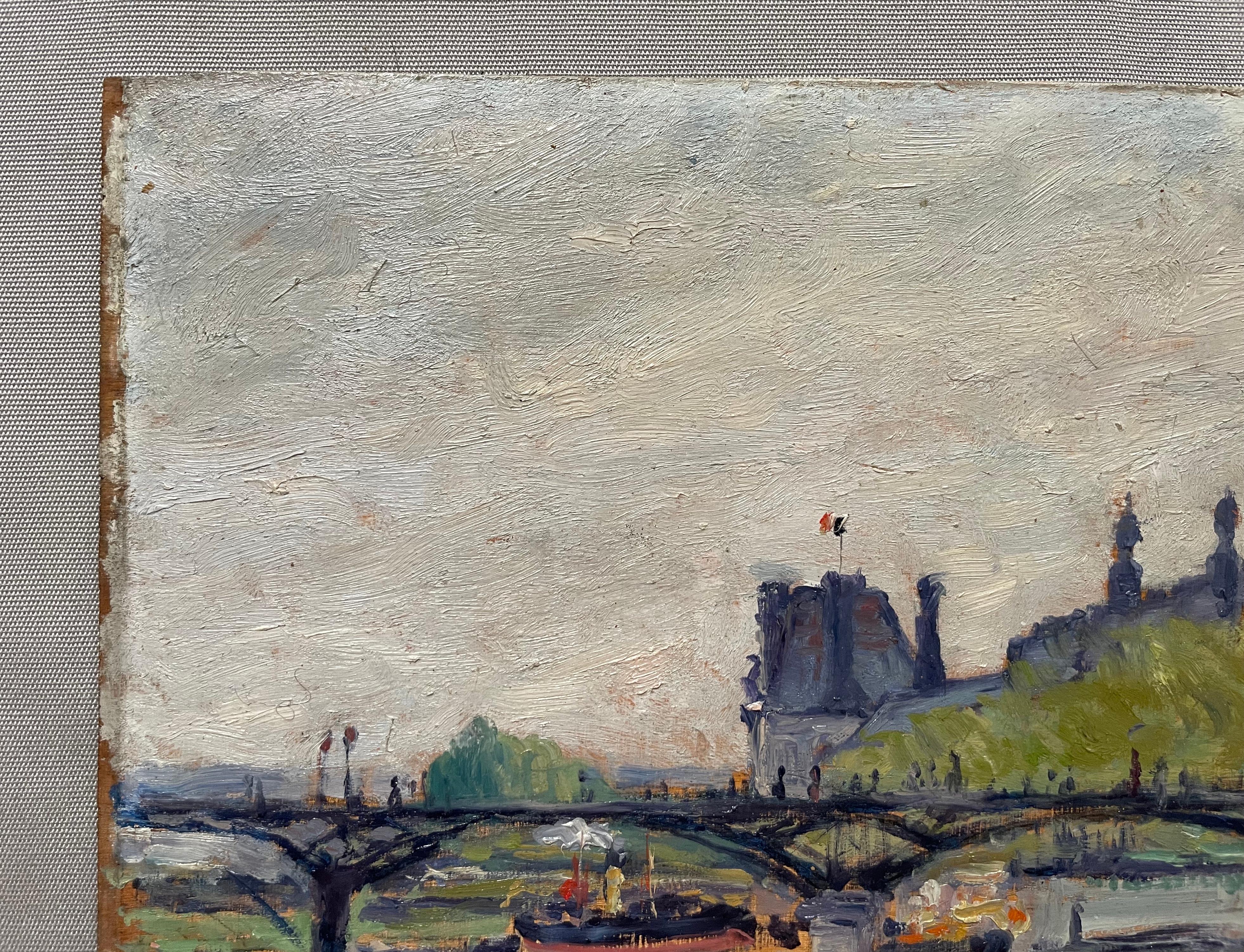 El Louvre y el Puente de las Artes.  
Óleo sobre tabla firmado y fechado (19)04.  
Firma a identificar.  
Buen estado.  
23,5 x 33 cm.