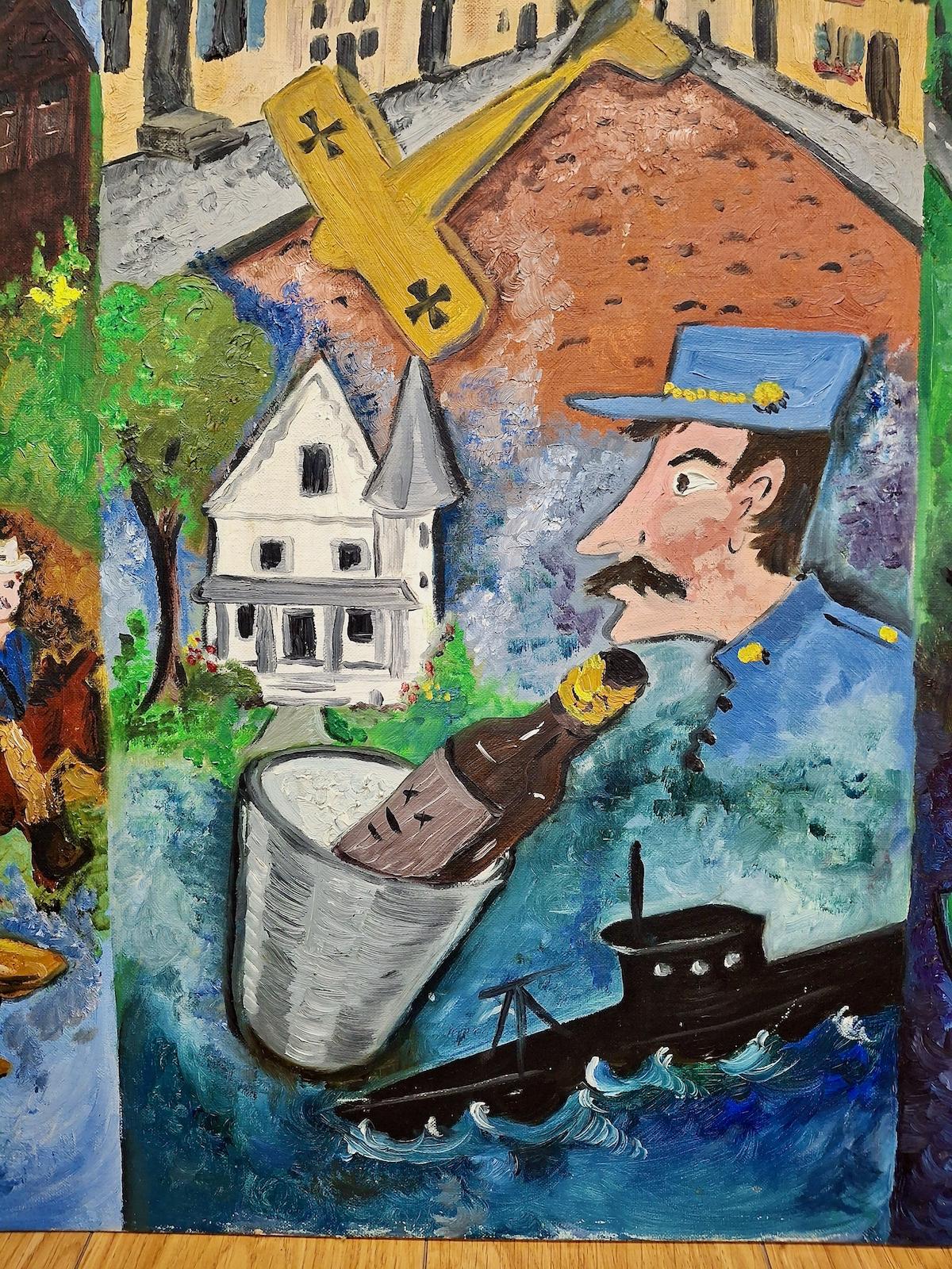 He aquí la vida de un hombre en tres volúmenes. En pintura. En un lienzo. Y ¡qué vida! A la izquierda, Volumen 1, el movimiento obrero contra los ferrocarriles 
