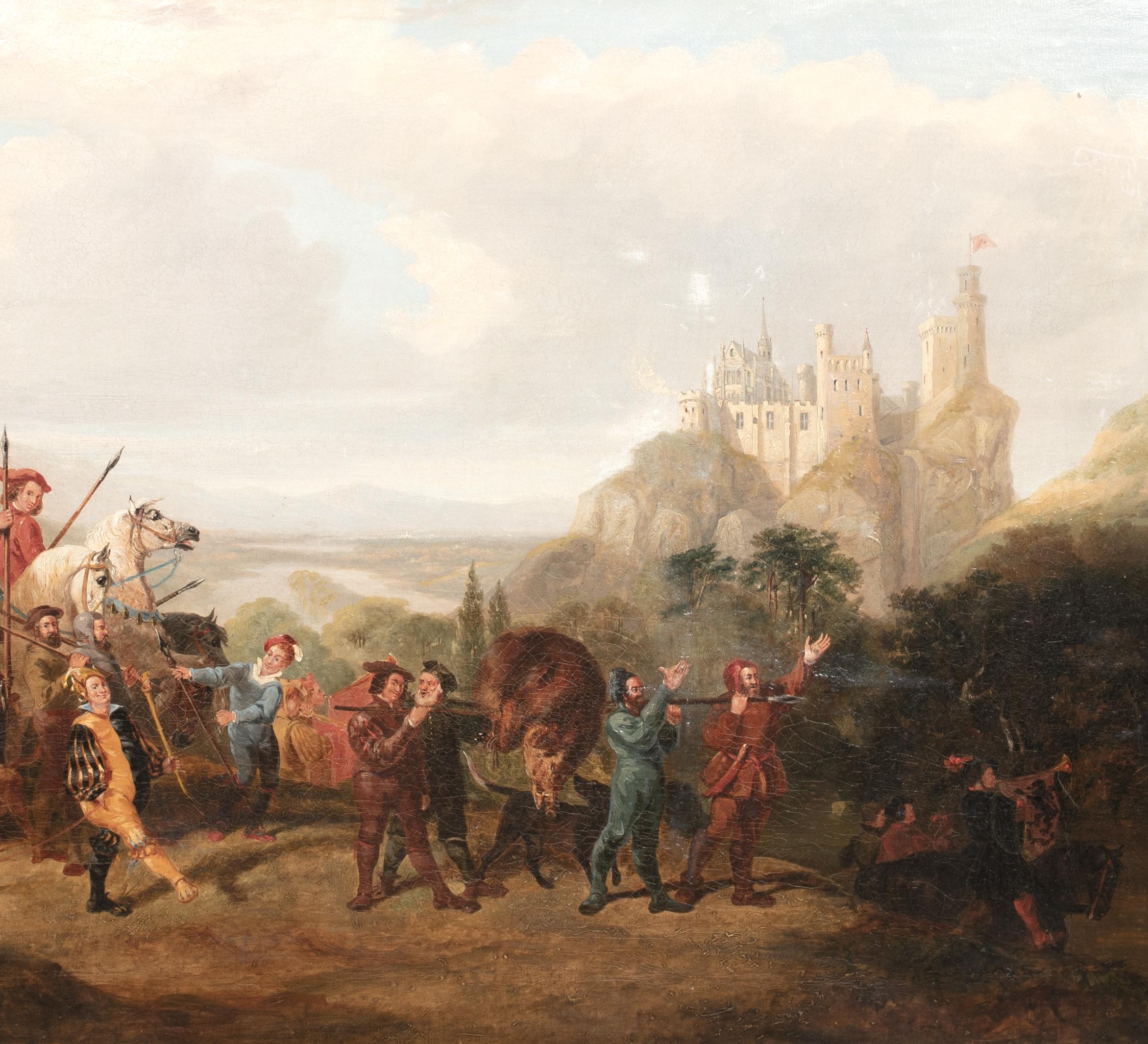 La chasse à la sangle médiévale, château de Rheinstein, 19e siècle  École allemande en vente 6