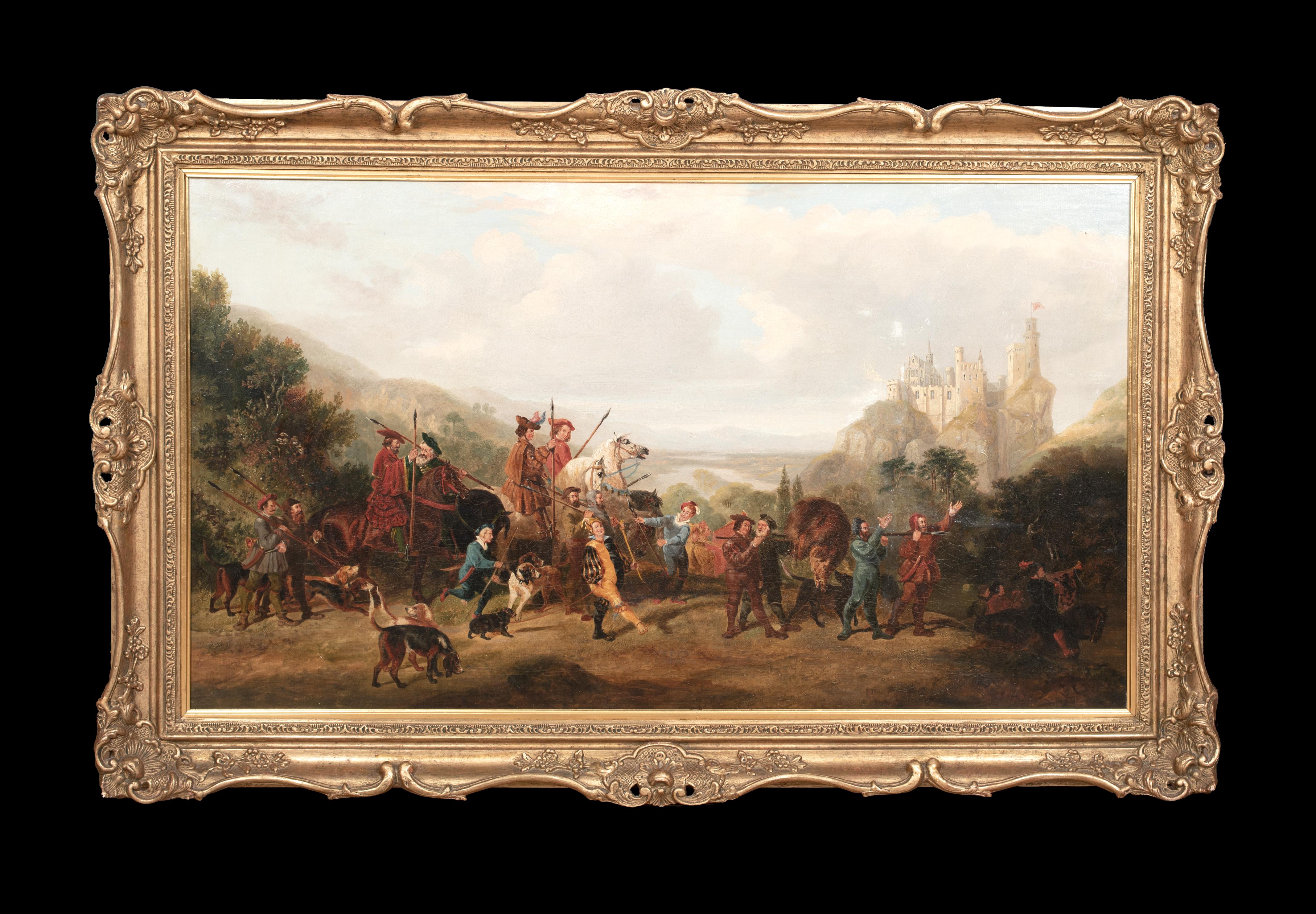 La chasse à la sangle médiévale, château de Rheinstein, 19e siècle  École allemande - Painting de Unknown