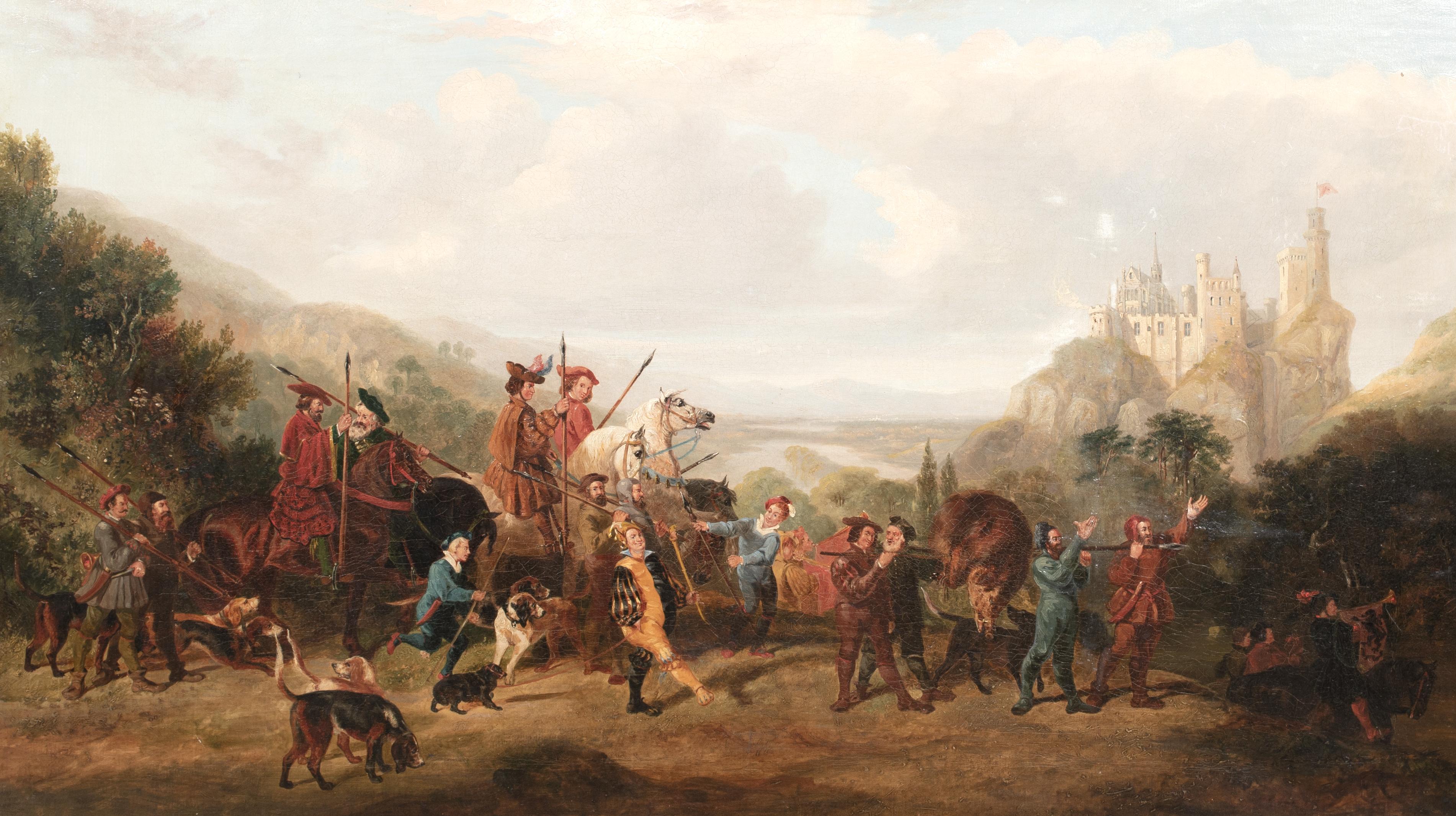 La chasse à la sangle médiévale, château de Rheinstein, 19e siècle  École allemande - Beige Portrait Painting par Unknown