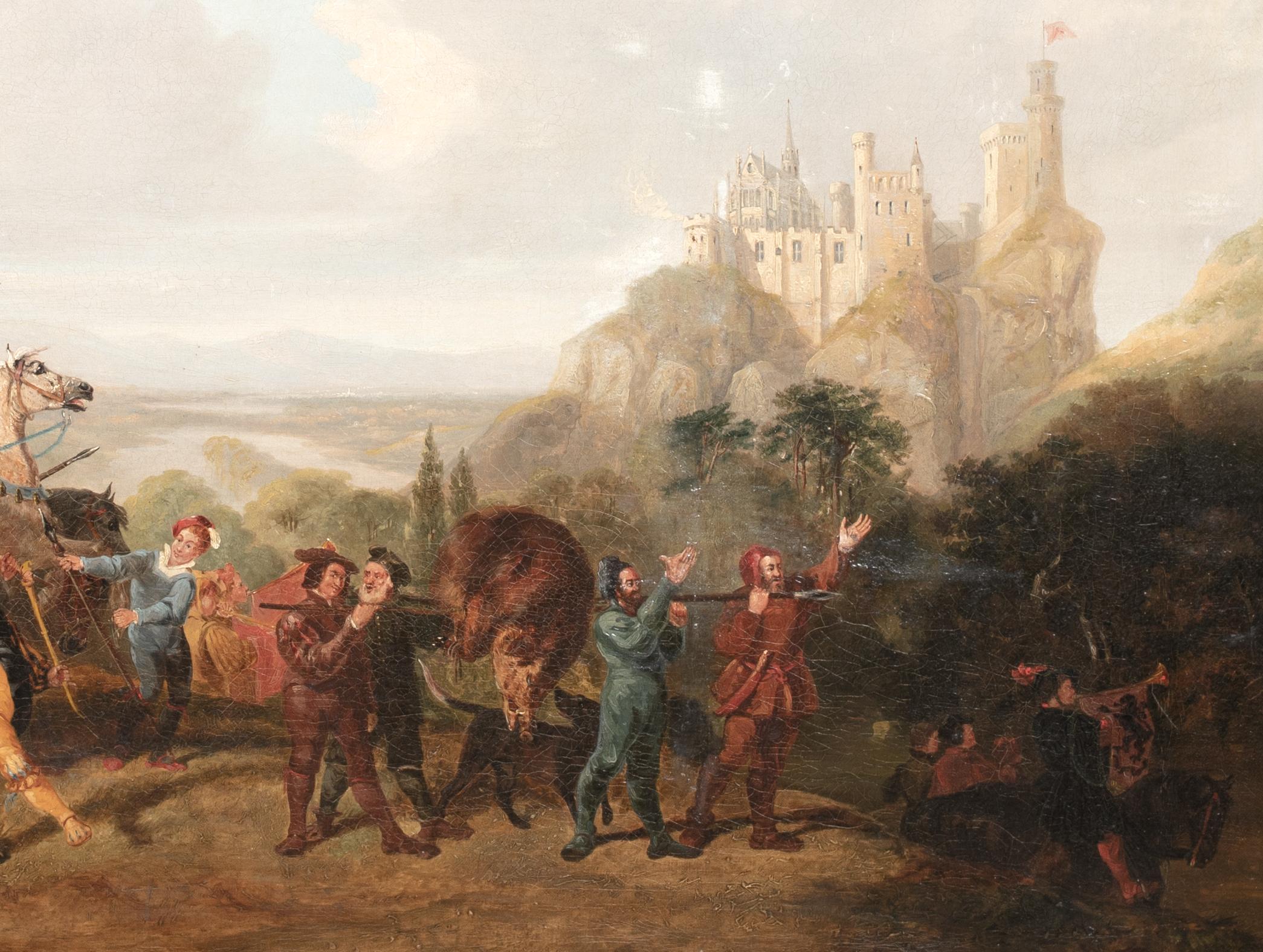 La chasse à la sangle médiévale, château de Rheinstein, 19e siècle  École allemande en vente 3