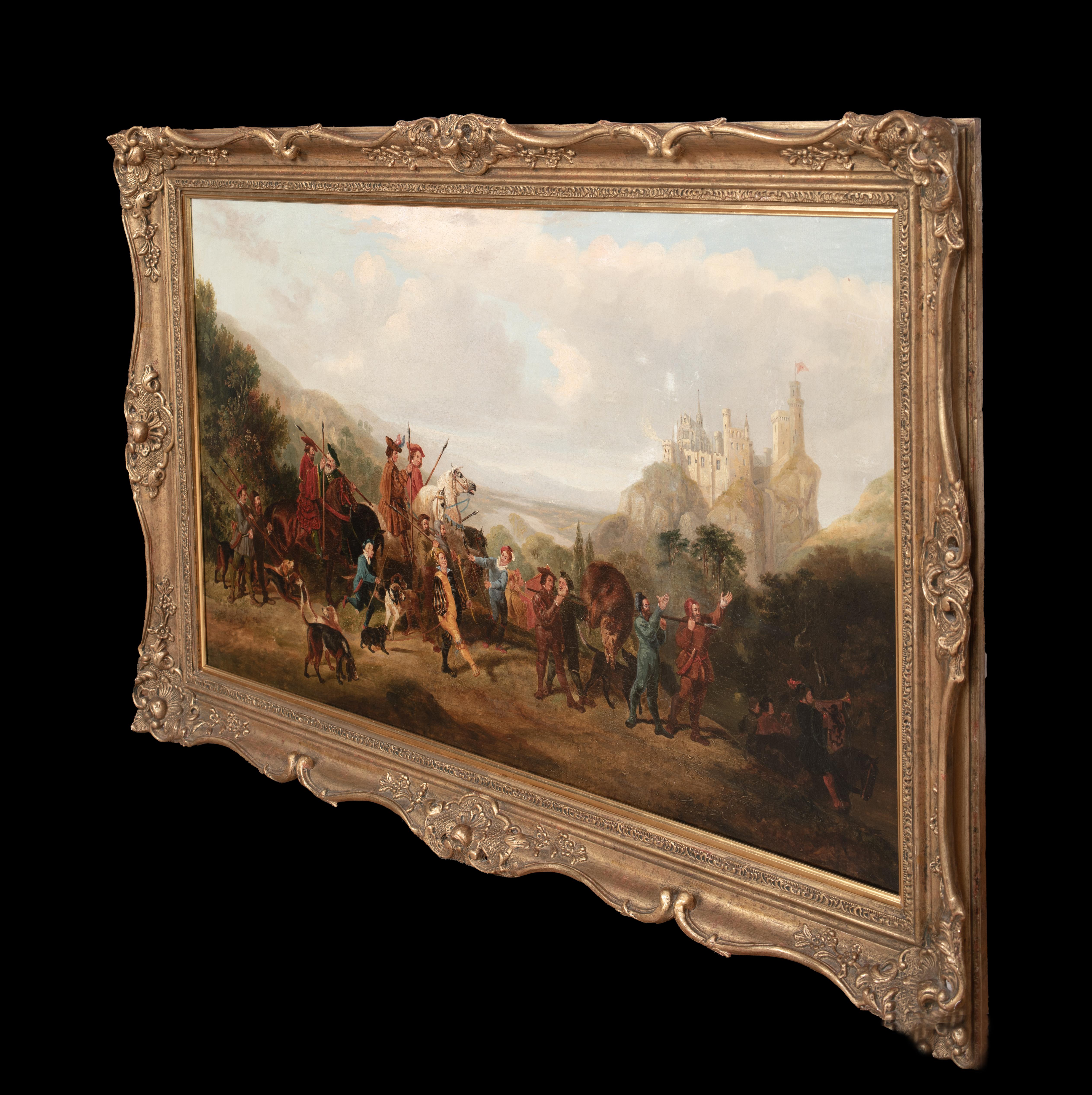 La chasse à la sangle médiévale, château de Rheinstein, 19e siècle  École allemande en vente 4