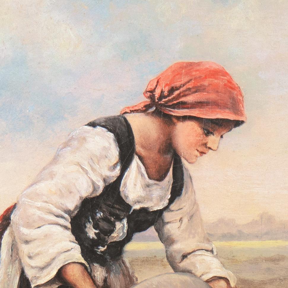 'Il riposo di mezzogiorno', Scena di raccolto figurato bretone, olio, paesaggio della Bretagna - Painting di Unknown
