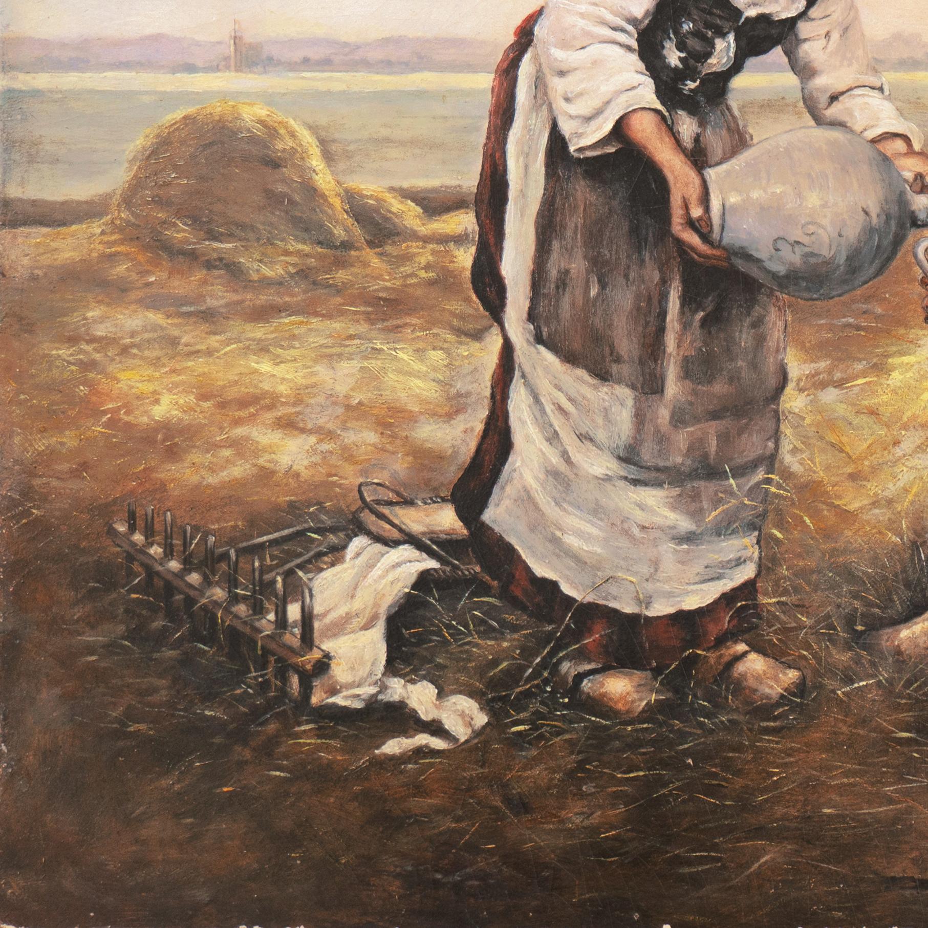 'Il riposo di mezzogiorno', Scena di raccolto figurato bretone, olio, paesaggio della Bretagna - Painting Scuola francese di Unknown
