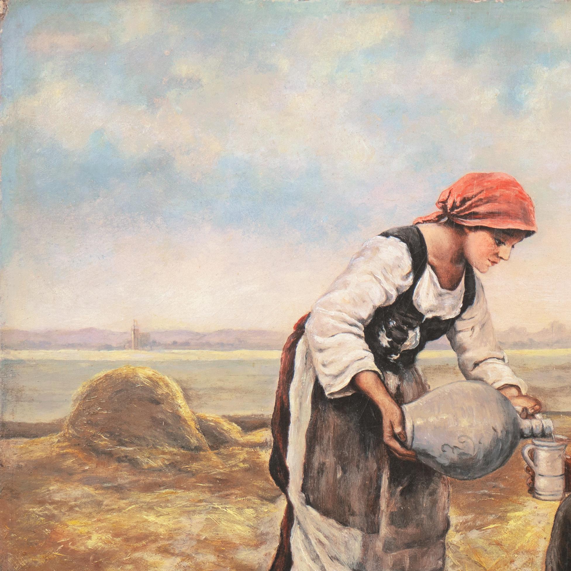 'Il riposo di mezzogiorno', Scena di raccolto figurato bretone, olio, paesaggio della Bretagna - Figurative Painting Beige di Unknown