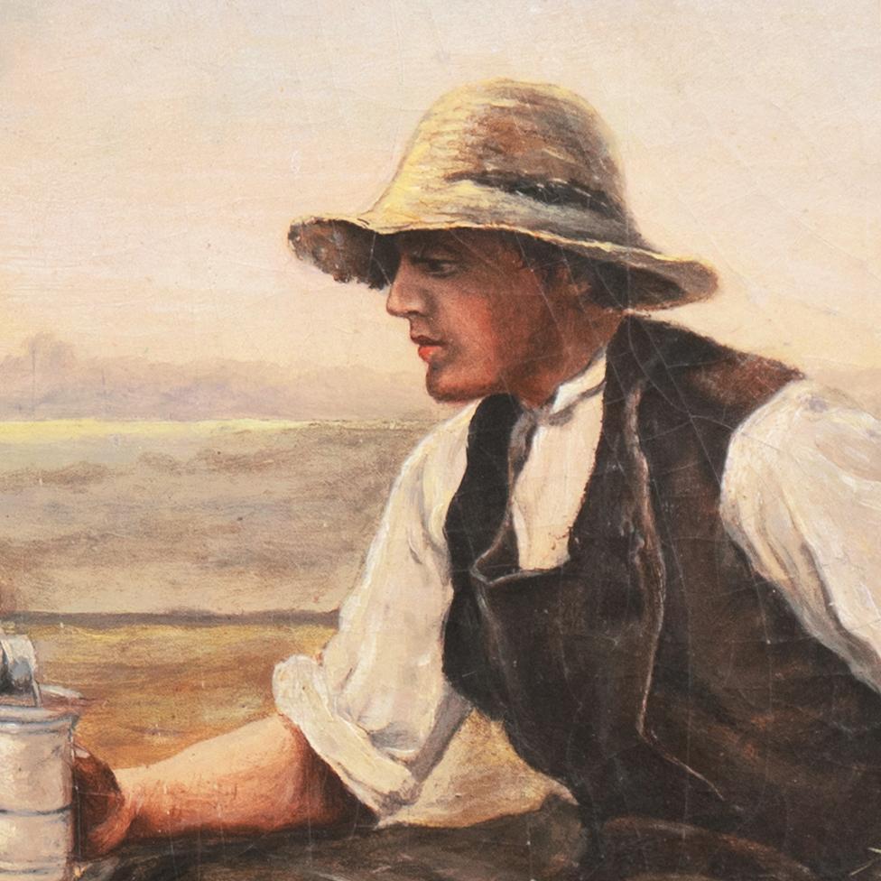 Scuola francese della fine del XIX secolo, non firmato e dipinto intorno al 1860. Olio su pannello preparato dall'artista.

Paesaggio a olio della fine del XIX secolo, dipinto nello stile di Jean-François Millet, che mostra due figure che si