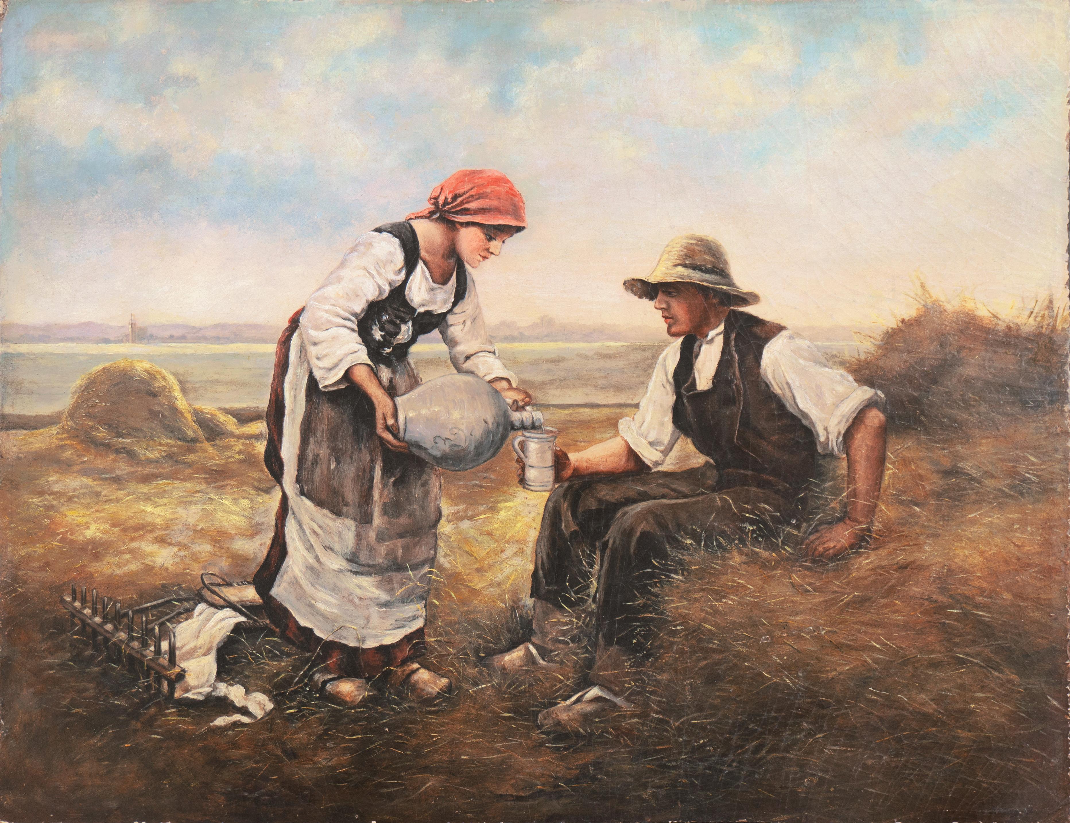 Figurative Painting di Unknown - 'Il riposo di mezzogiorno', Scena di raccolto figurato bretone, olio, paesaggio della Bretagna