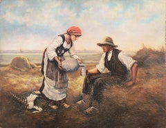 'Il riposo di mezzogiorno', Scena di raccolto figurato bretone, olio, paesaggio della Bretagna