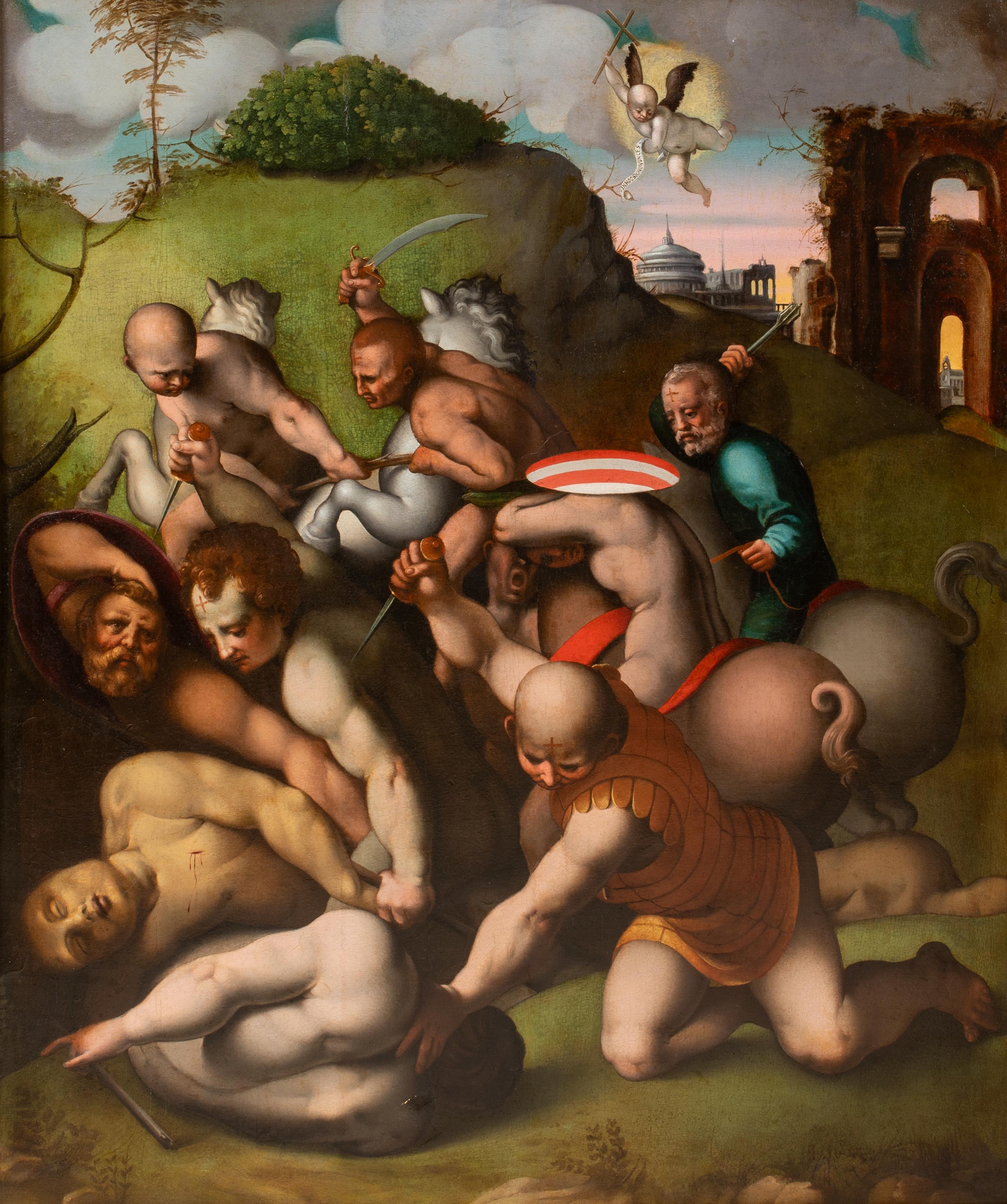 L'assassinio di San Maurizio e i 10.000 martiri, XVI secolo

Scuola di PONTORMO (1494-1557)

Grande raffigurazione del XVI secolo dell'assassinio di San Maurizio e dei 10.000 martiri, olio su tavola attribuito al Pontormo. Raffigurazione