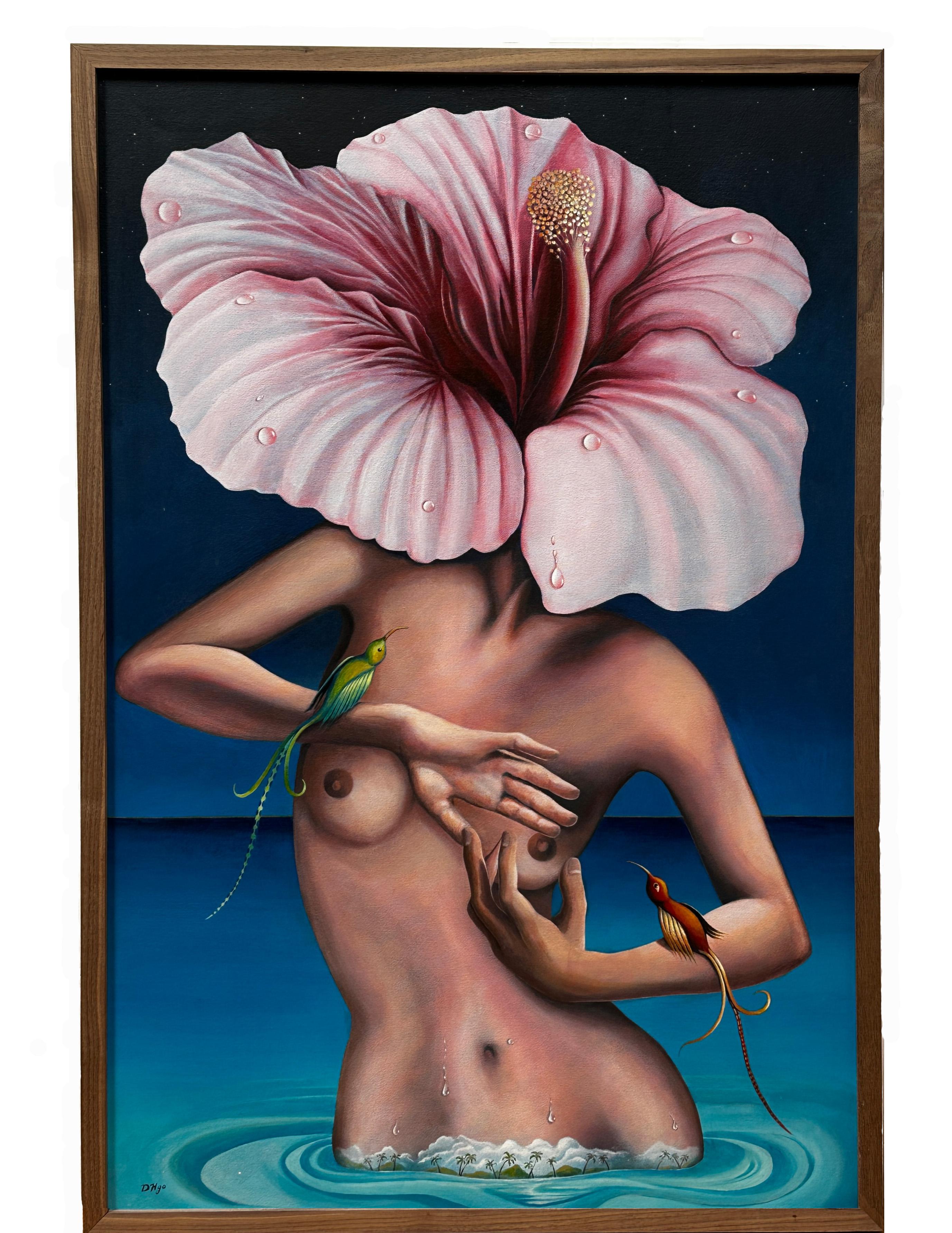This acrylic painting on canvas, titled “The Myth of Hula” by Dane Hidalgo and dated 2003, is a
captivating visual representation of Hawaiian life and myths depicting a woman emerging from
the Ocean and becoming a flower.
The sky is spangled with