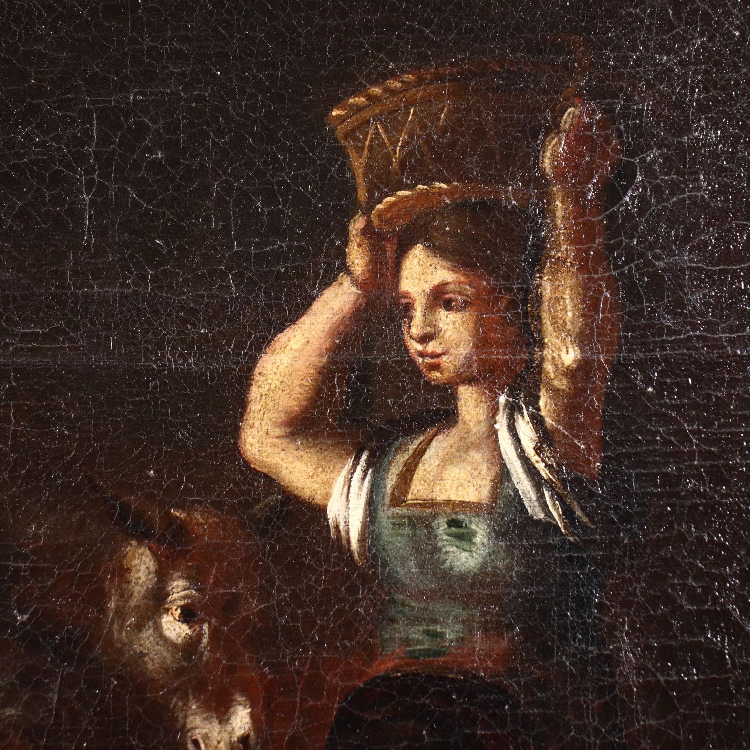 Oil painting on canvas. North-Italy school. Traditional depiction of the birth of Jesus, in the dark stable, where the colors of the garments and the incarnates of the figures stand out, illuminated by the only source of light coming from the Baby