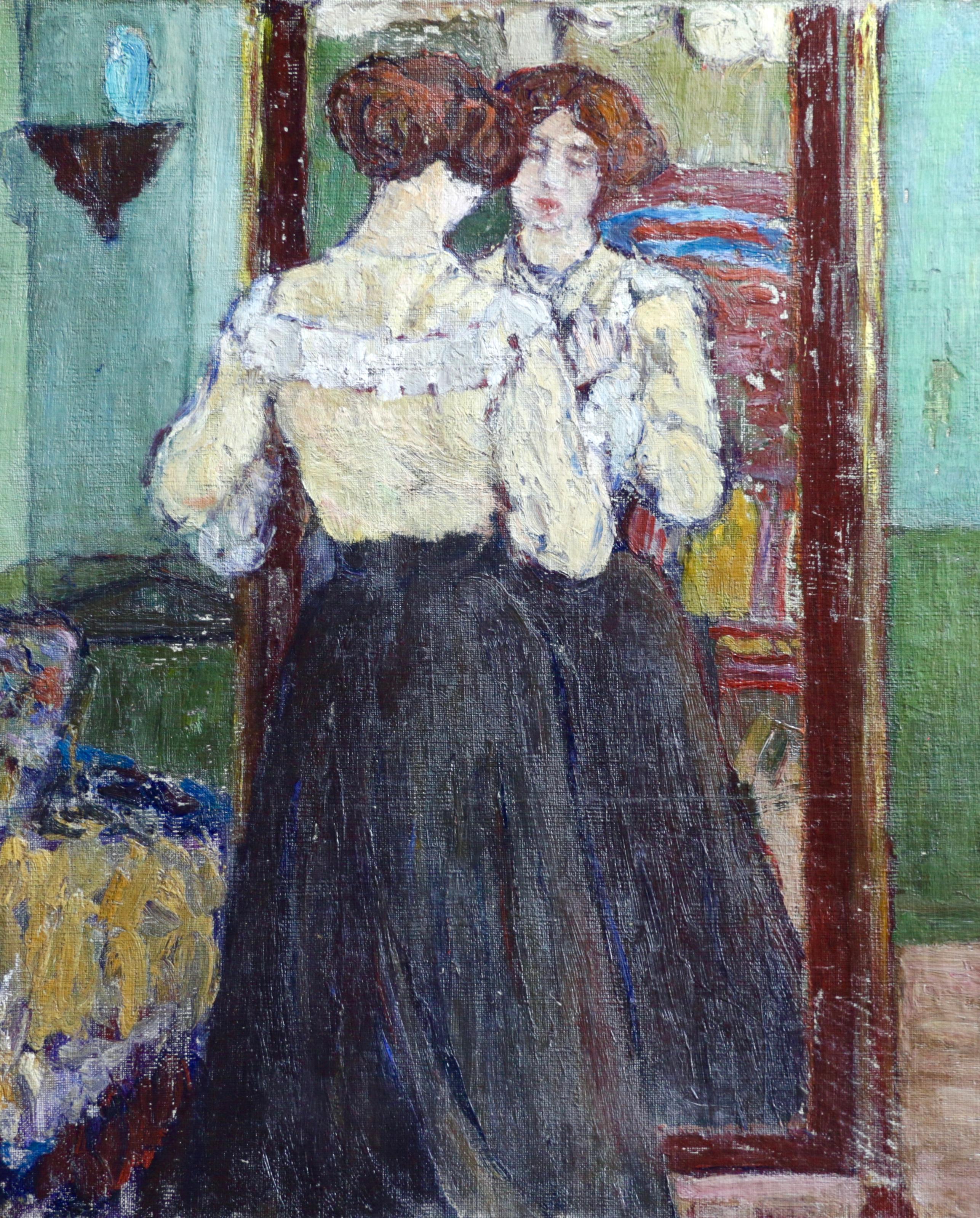 Unknown Figurative Painting - The New Dress, Nabis School (1890-1896) French 19th Century Figure in Interior