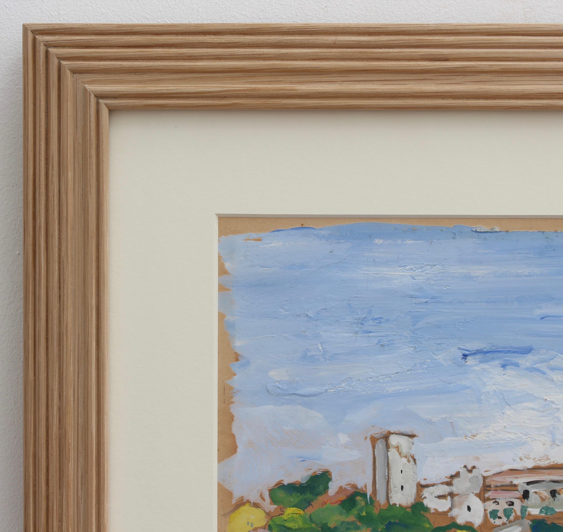 'Il vecchio porto di Cannes', gouache su carta d'arte, Scuola francese (circa anni '50). Un'affascinante rappresentazione del porto della città di Cannes. In cima all'altura si trova Le Suquet, il vecchio quartiere di Cannes, probabilmente più noto