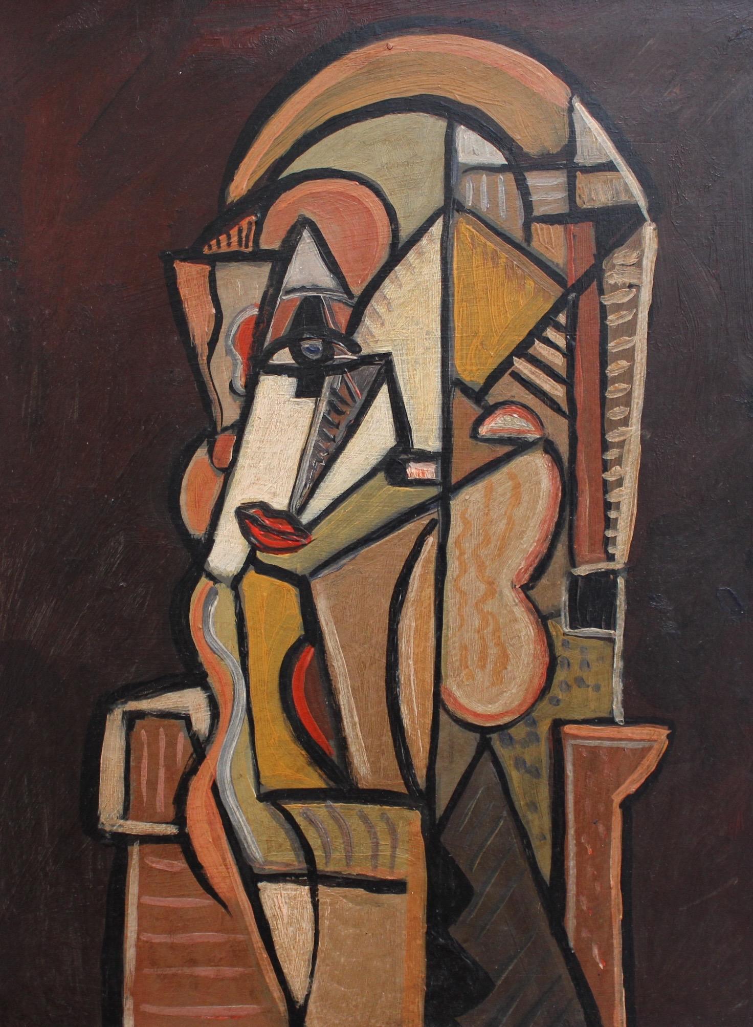 Unknown Abstract Painting - 'The Opera Singer', Mid-Century Modern Cubist Oil Portrait Painting, Berlin