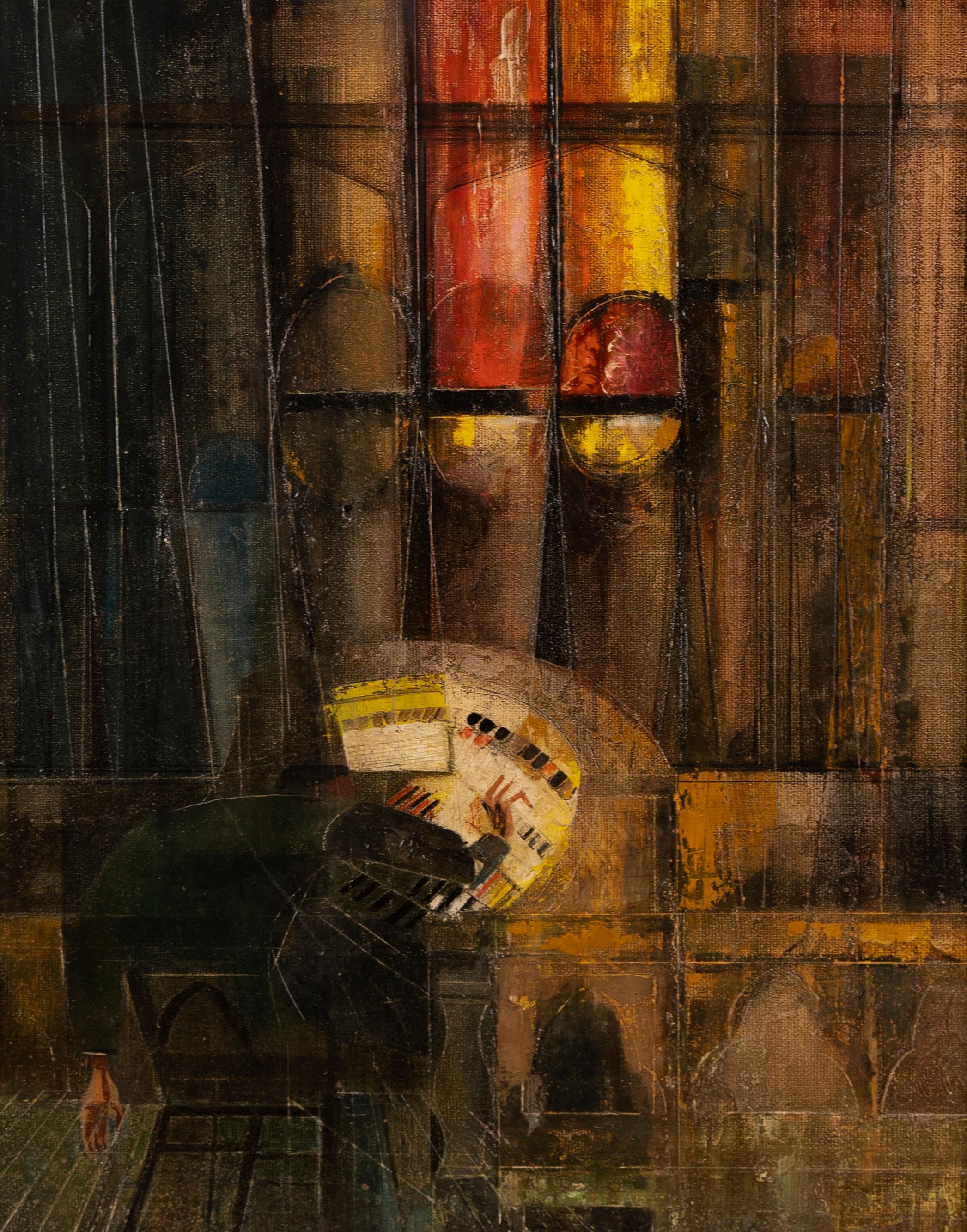 The Organ Player, American School Cubist Interior Abstract Original Oil Painting - Black Abstract Painting by Unknown