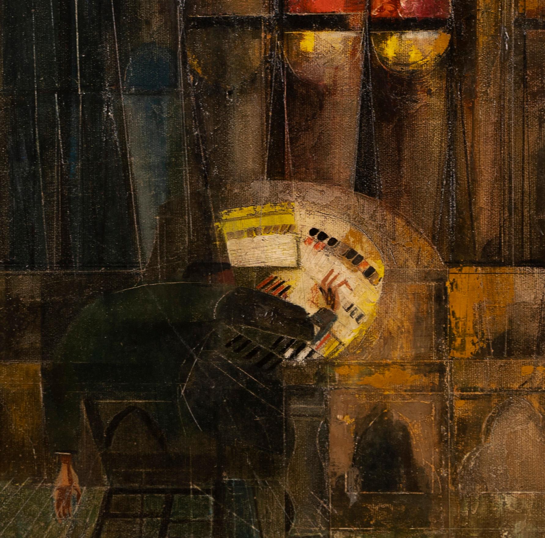 Antique American school modernist interior painting of a musician at work.  Oil on board, circa 1930.  Unsigned.  Image size, 22L x 27H.  Housed in a period frame.
