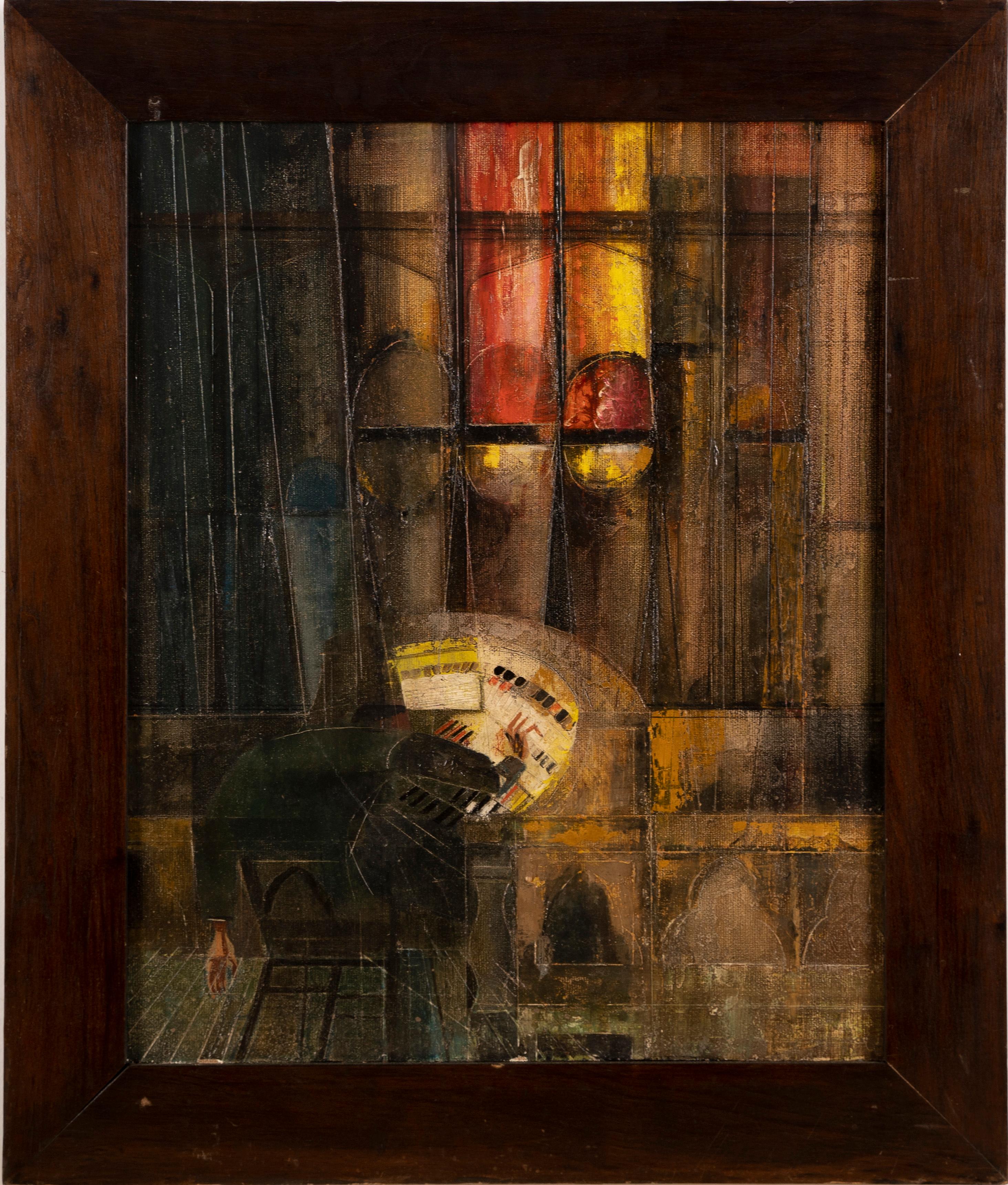 Unknown Abstract Painting - The Organ Player, American School Cubist Interior Abstract Original Oil Painting