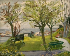 The Park Bench overlooking the Sea Mid Century English Oil Painting