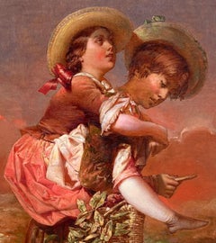 The Piggy Back Ride Home, 18th century oval oil on canvas 