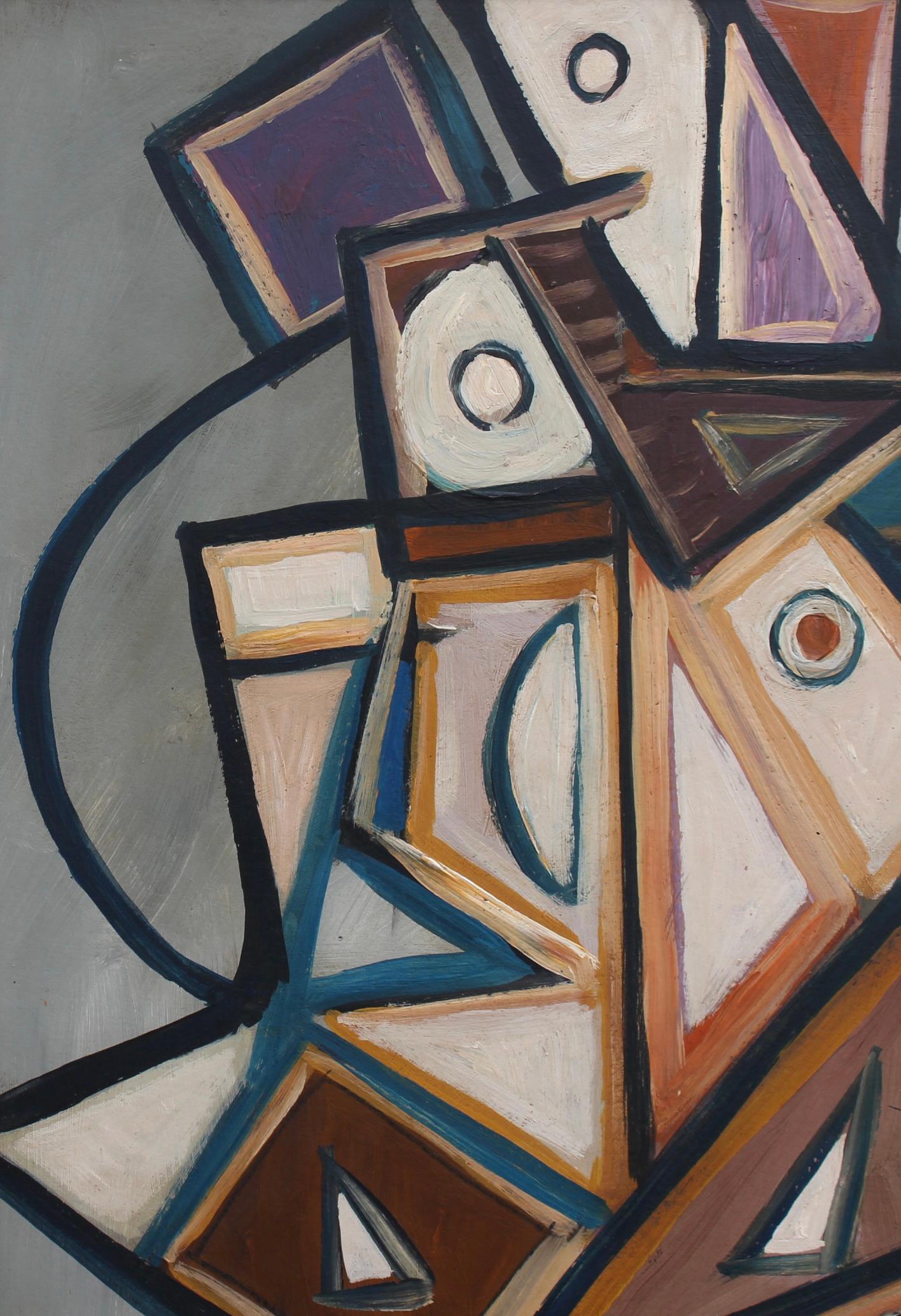 'Il postino', composizione cubista, olio su tavola, di VR (German School, circa anni '70). Un'opera moderna e giocosa di un artista con le iniziali VR. Ispirandosi chiaramente a Picasso e Braque, l'artista ha utilizzato angoli, linee e colori vivaci
