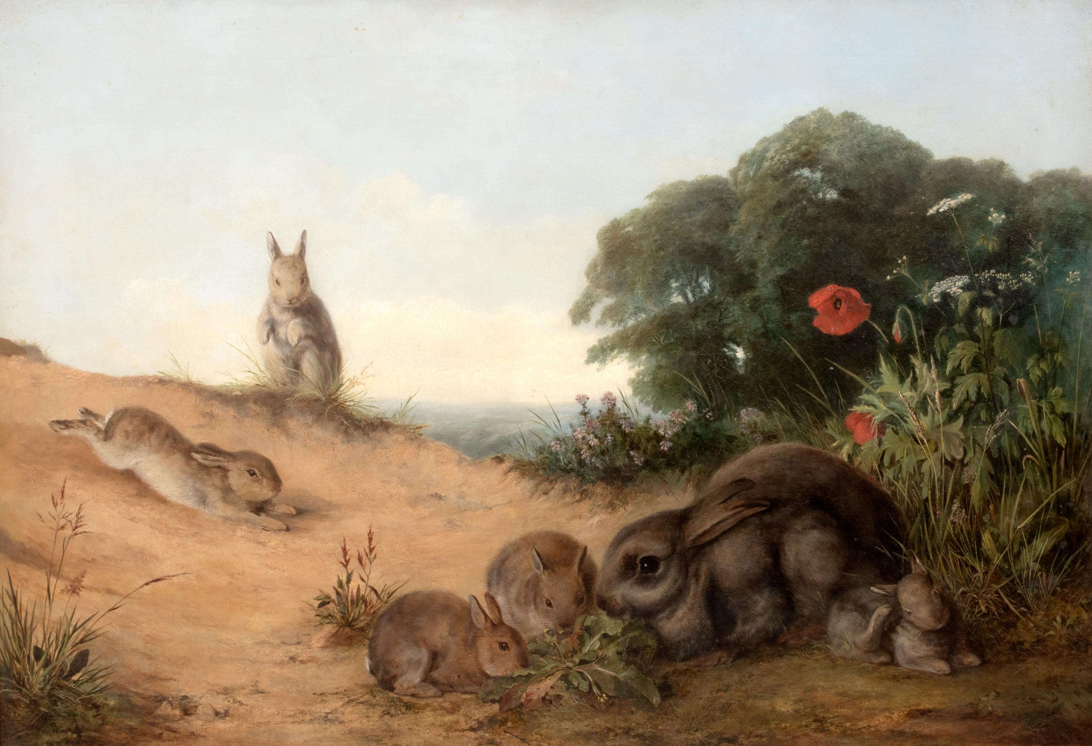 The Rabbit Family, 19th Century 

by Henry Barnard Gray (1844-1871)

Large 19th Century English Landscape with a family of rabbits, oil on canvas by Henry Barnard Gray. Excellent quality and condition, signed and presented in its original gilt