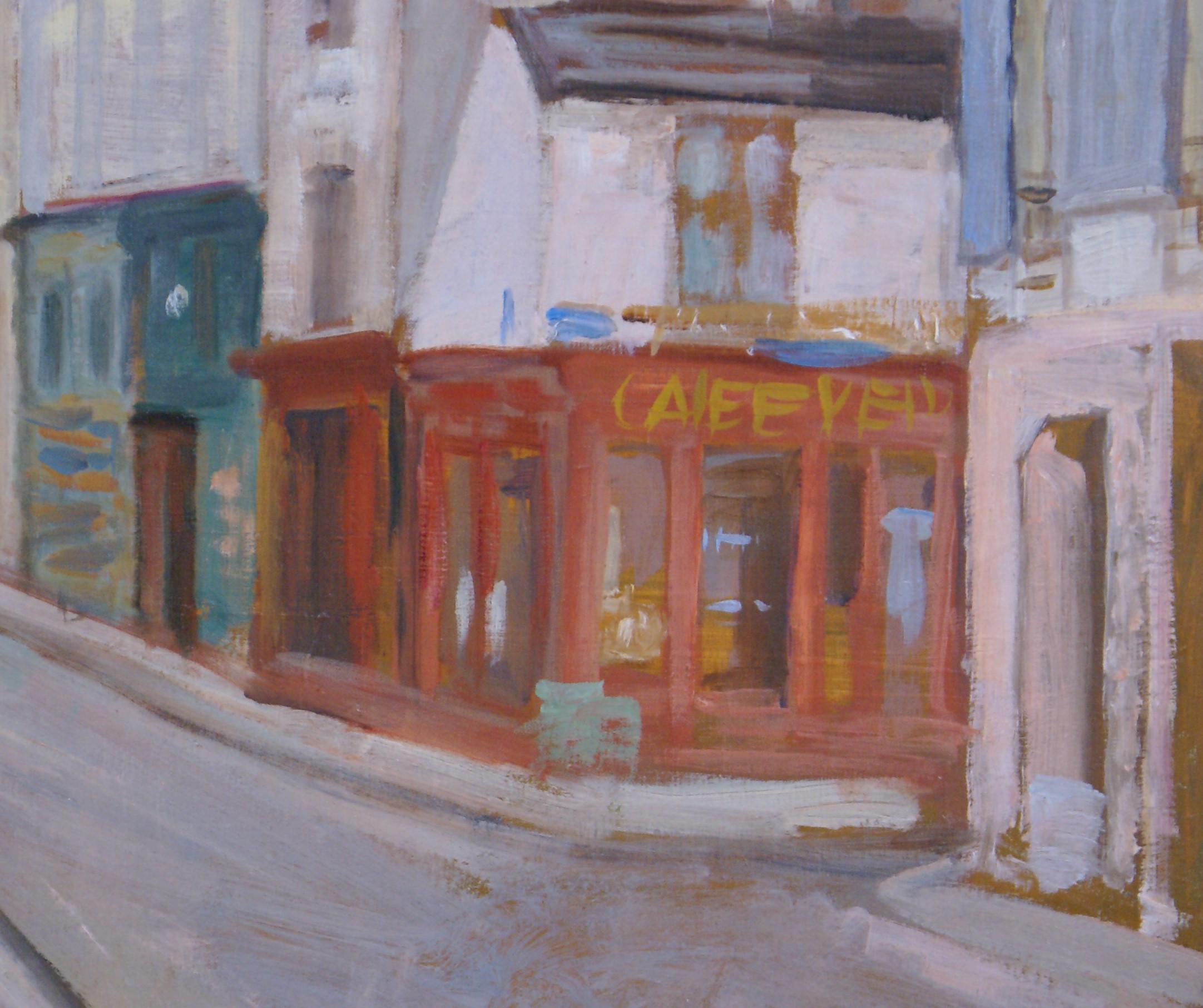 Oil on canvas of a city street scene with a red cafe. Canvas measures 31 3/4 x 25 3/4; frame dimensions measure 35 1/2 x 29 1/2 x 1 1/4. Housed in a chestnut- colored wooden frame with gold-tone beading.