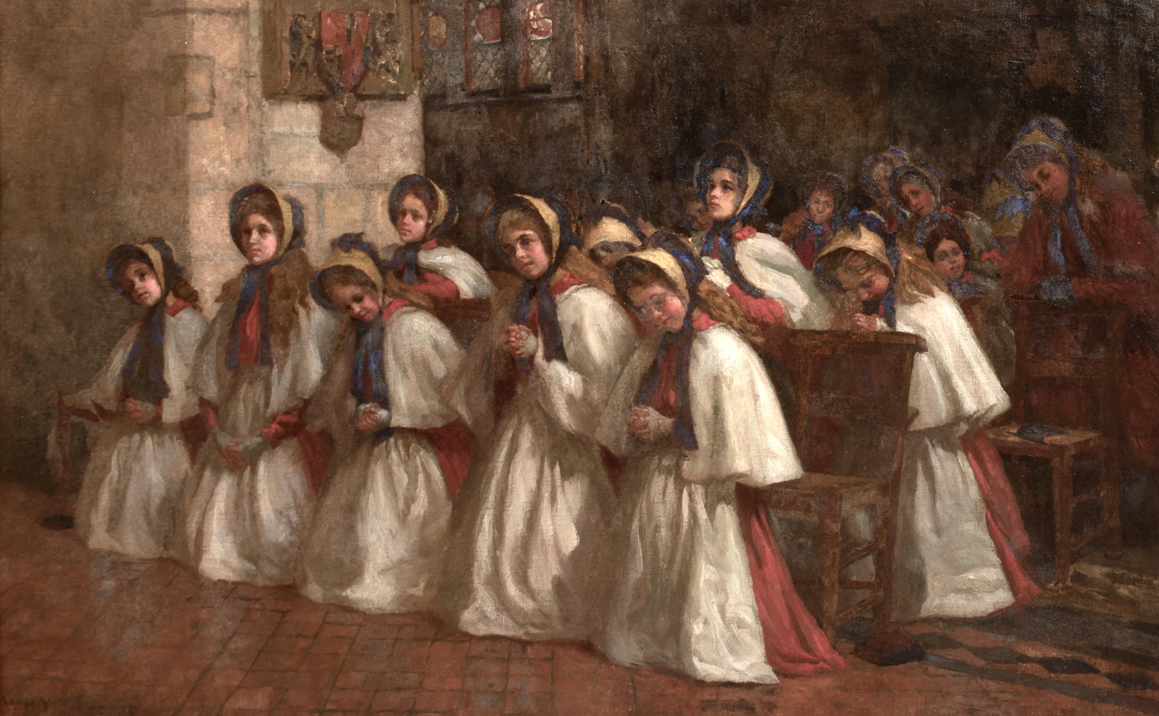 The Red Maids Of Bristol, Sunday Church Service, Lord Mayor's Chapel, 1911 - Brown Portrait Painting by Unknown