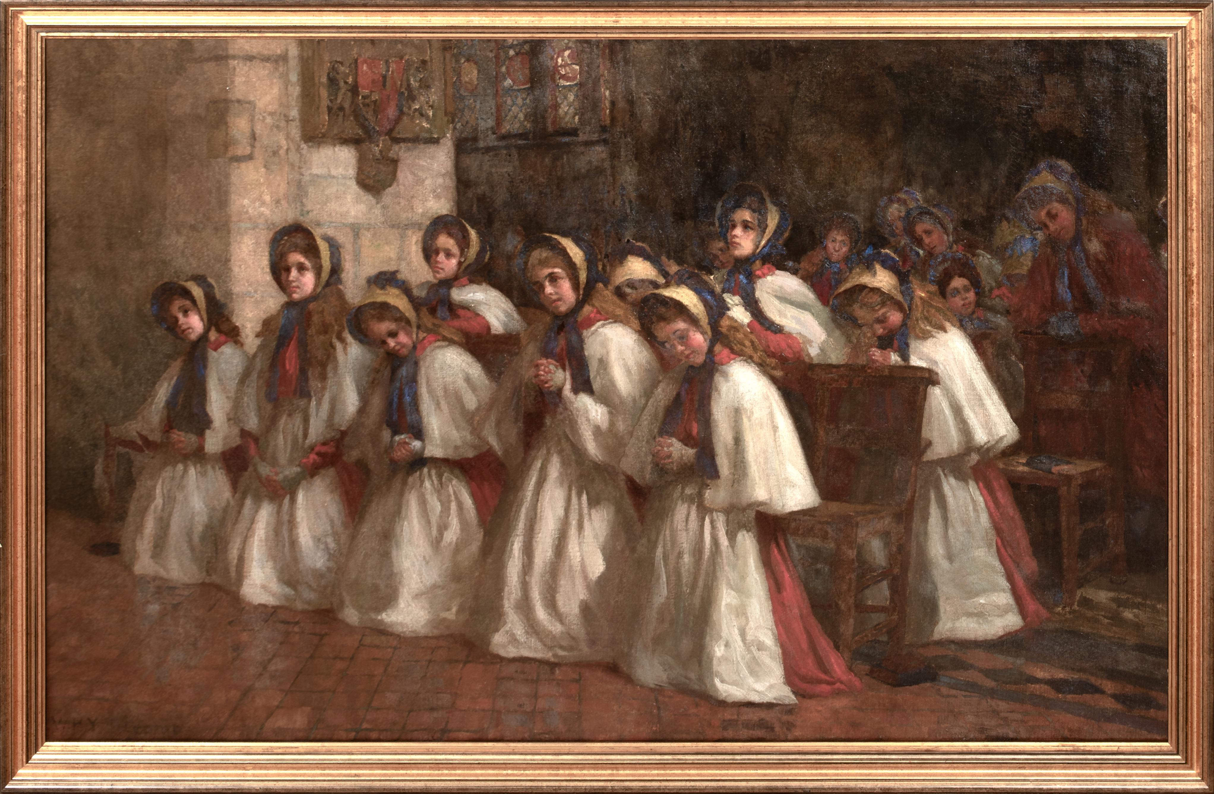 Unknown Portrait Painting - The Red Maids Of Bristol, Sunday Church Service, Lord Mayor's Chapel, 1911