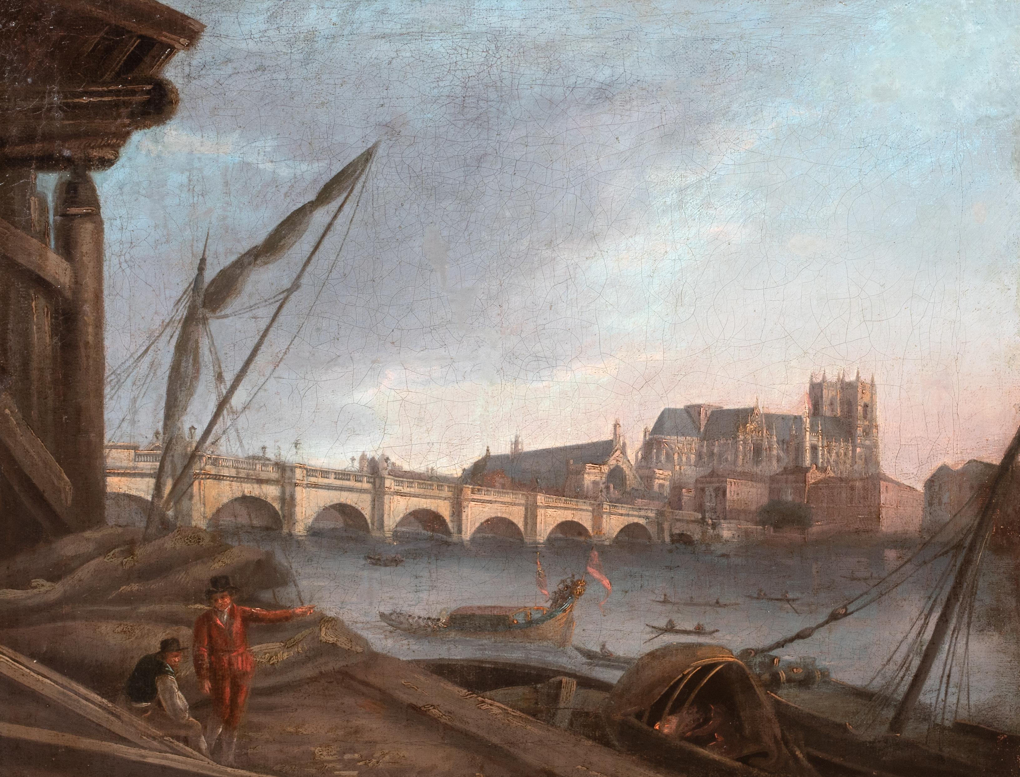 The Royal Barge of George III, Westminster Bridge From Southbank, 18th Century - Brown Landscape Painting by Unknown