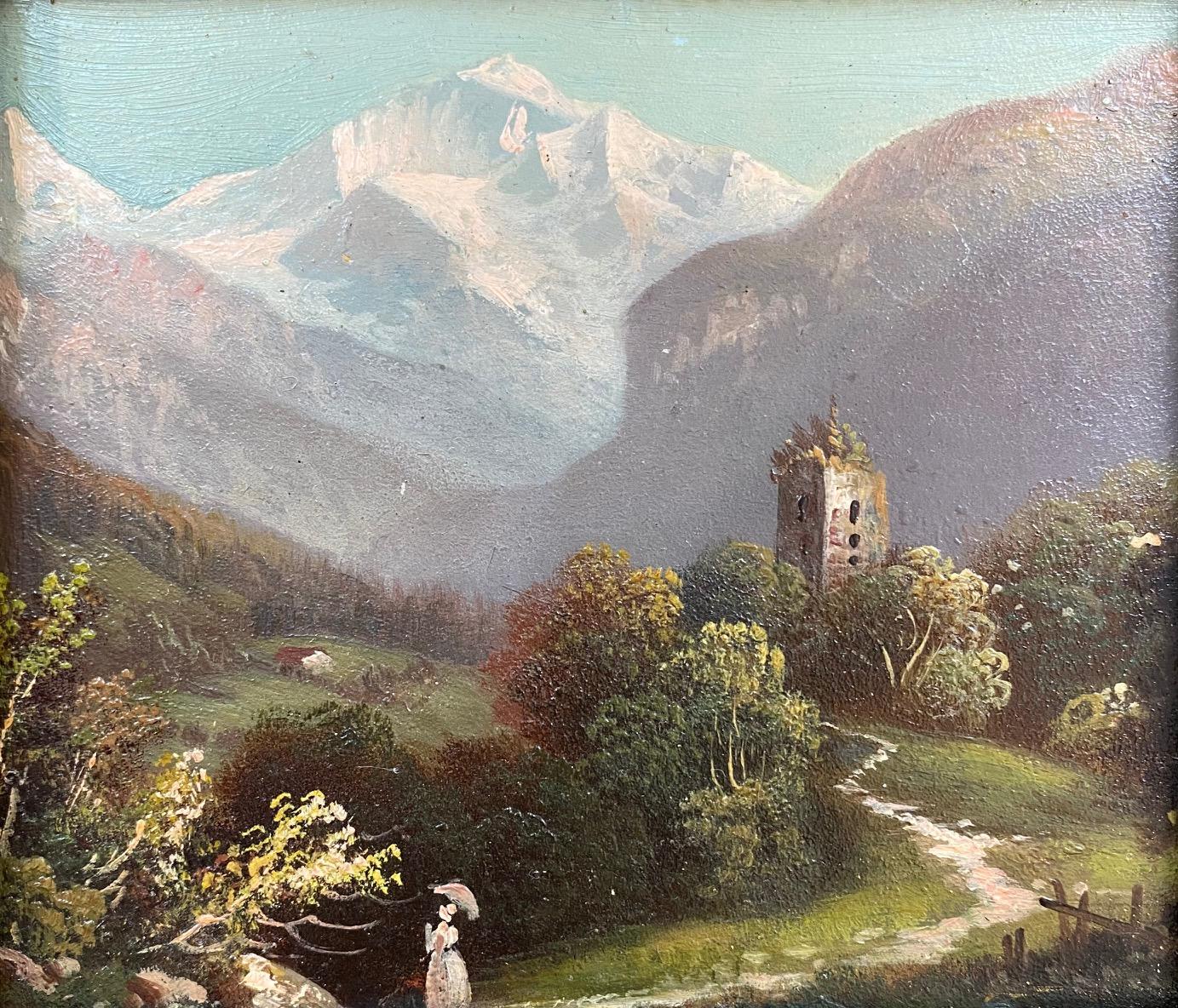 The ruines Undspunnen and the Jungfrau - Oil on cardboard 19th century  - Painting by Unknown