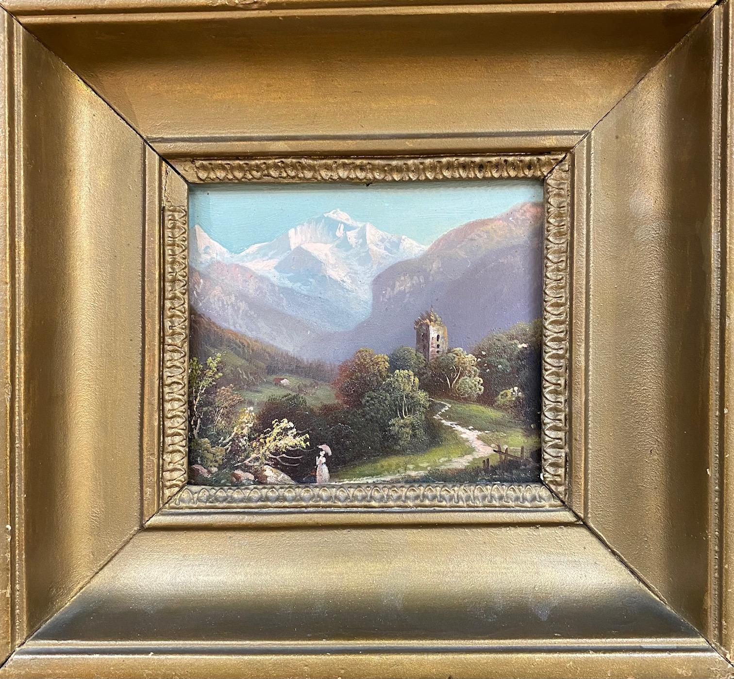 The ruines Undspunnen and the Jungfrau - Oil on cardboard 19th century  - Realist Painting by Unknown