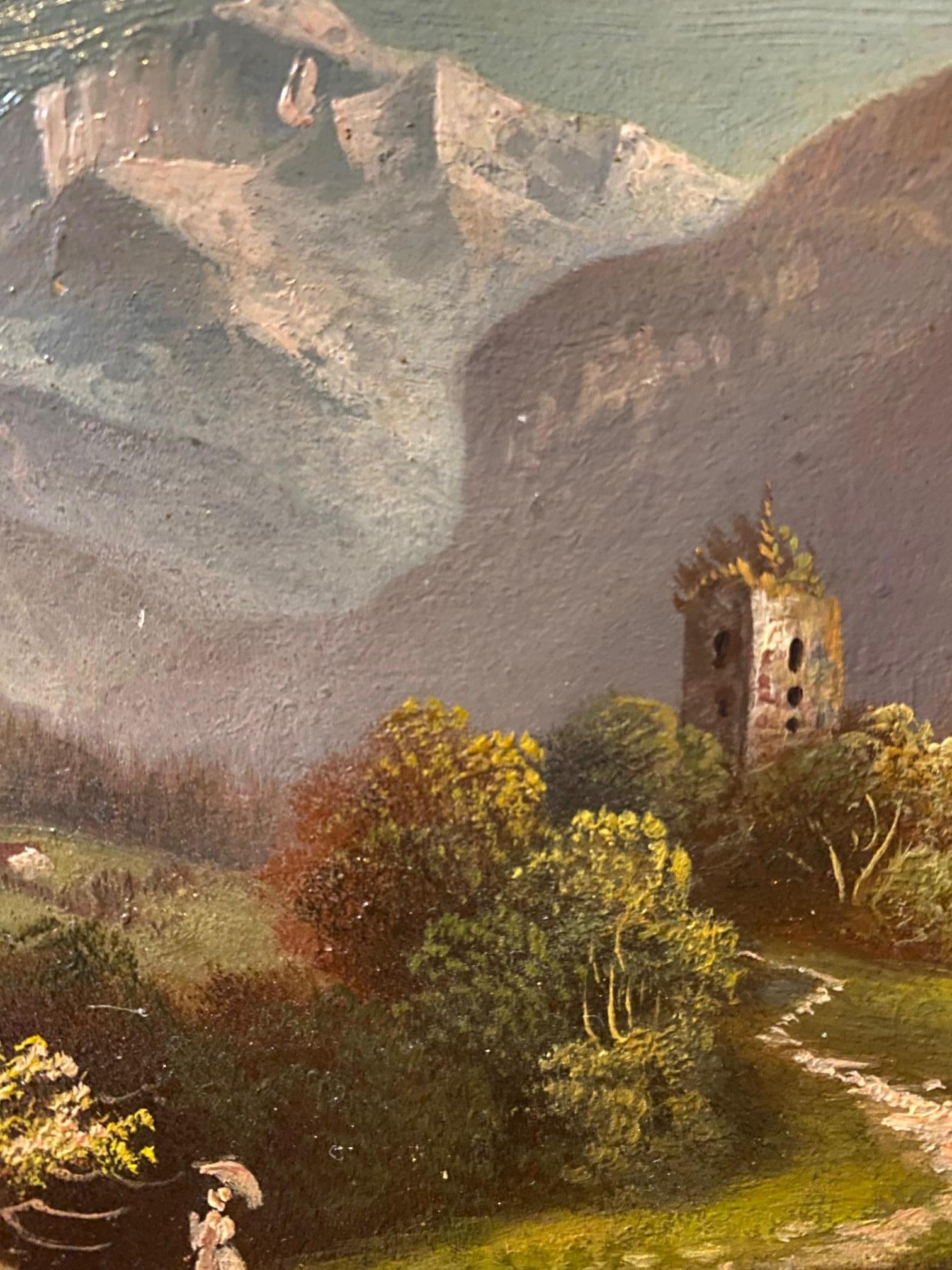 Oil on cardboard sold with frame. The total size with frame is 21x23 cm. 
The work is unsigned but we can recognize the Ruine Undspunnen and the Jungfrau in Switzerland. Dated around mid 19th century 