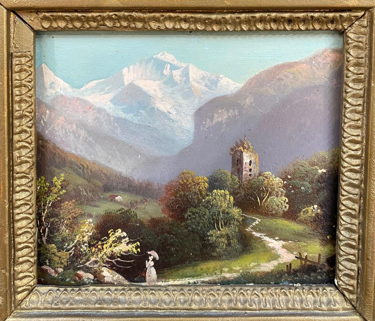 Unknown Landscape Painting - The ruines Undspunnen and the Jungfrau - Oil on cardboard 19th century 